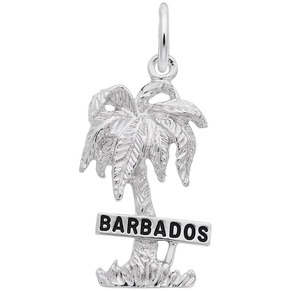 Barbados Palm Tree Charm with Sign - Sterling Silver Pendant for Bracelets & Necklaces - Perfect for Beach Vacations, Tropical Jewelry & Gift Giving