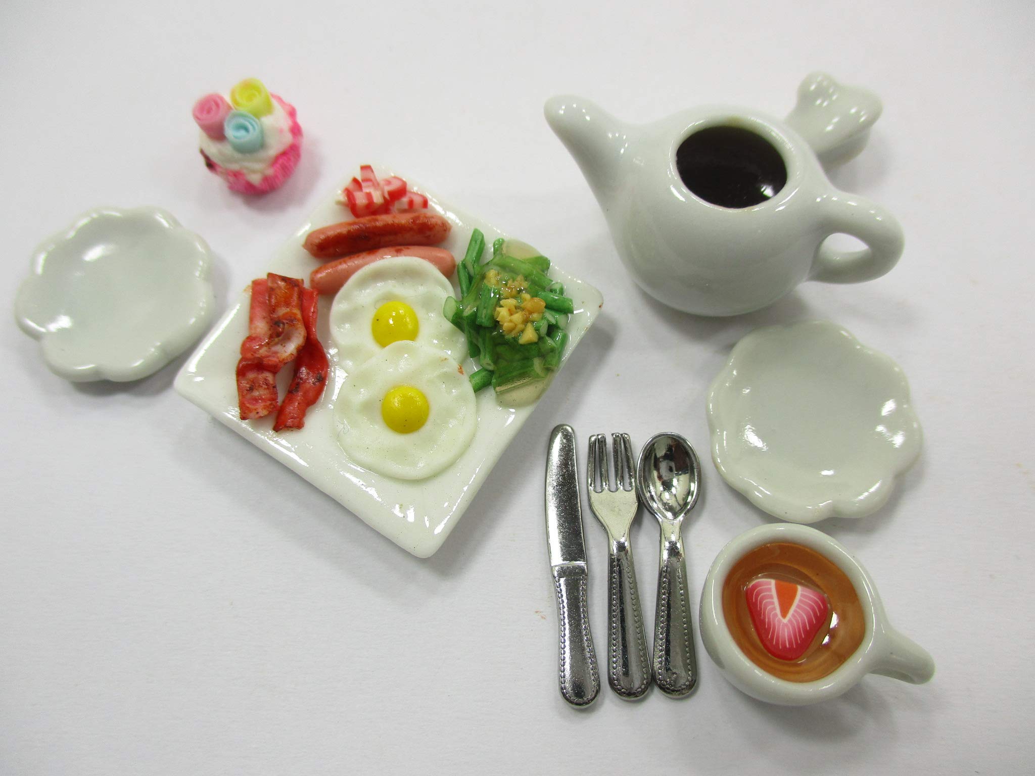 Miniature Dollhouse Breakfast Ceramic Tea Set - Tiny Food Accessories for Dollhouse Play & Collecting - Perfect for DIY Miniature Scenes & Model Displays