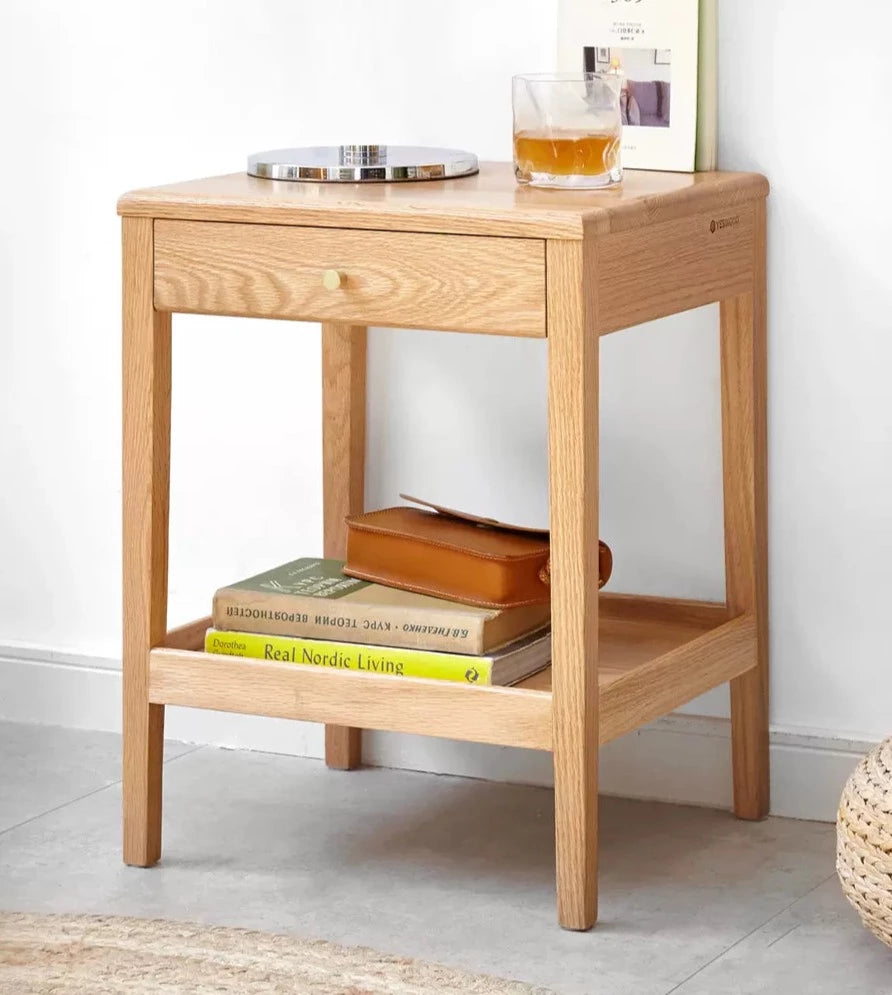 Solid Oak & Black Walnut Wood Nightstand - Modern Bedside Table with Drawer - Perfect for Bedroom, Living Room, or Office Use