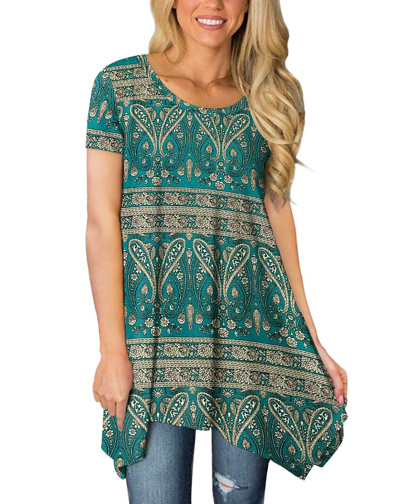 POPYOUNG Women's Summer 2025 Short Sleeve Tunic Top - Casual Swing Blouse Shirt for Beach, Vacation & Everyday Wear