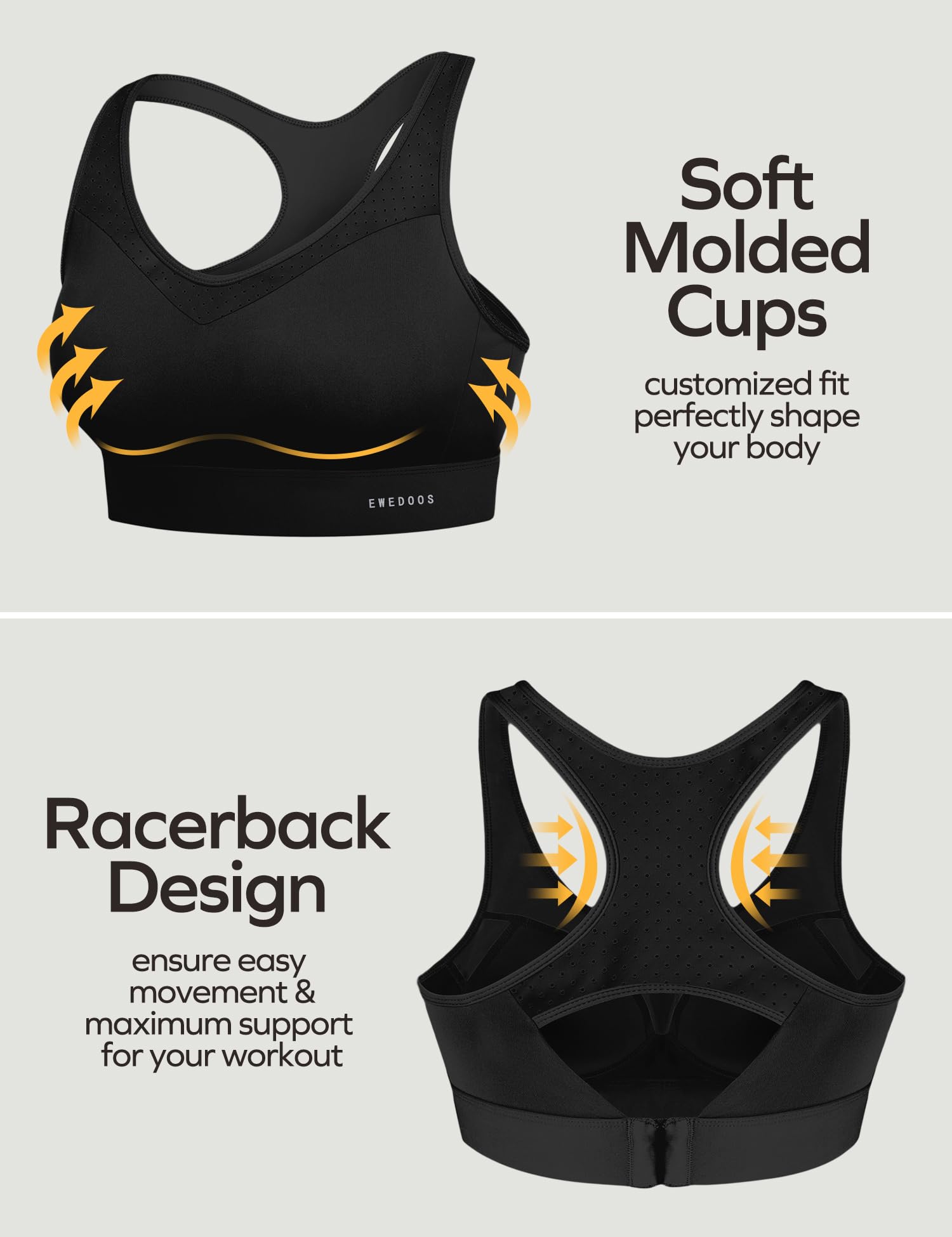 High Support Sports Bras for Women - Ewedoos Racerback Workout Running Bra for Large Bust, Push Up & High Impact Activities | Perfect for Gym, Yoga & Running