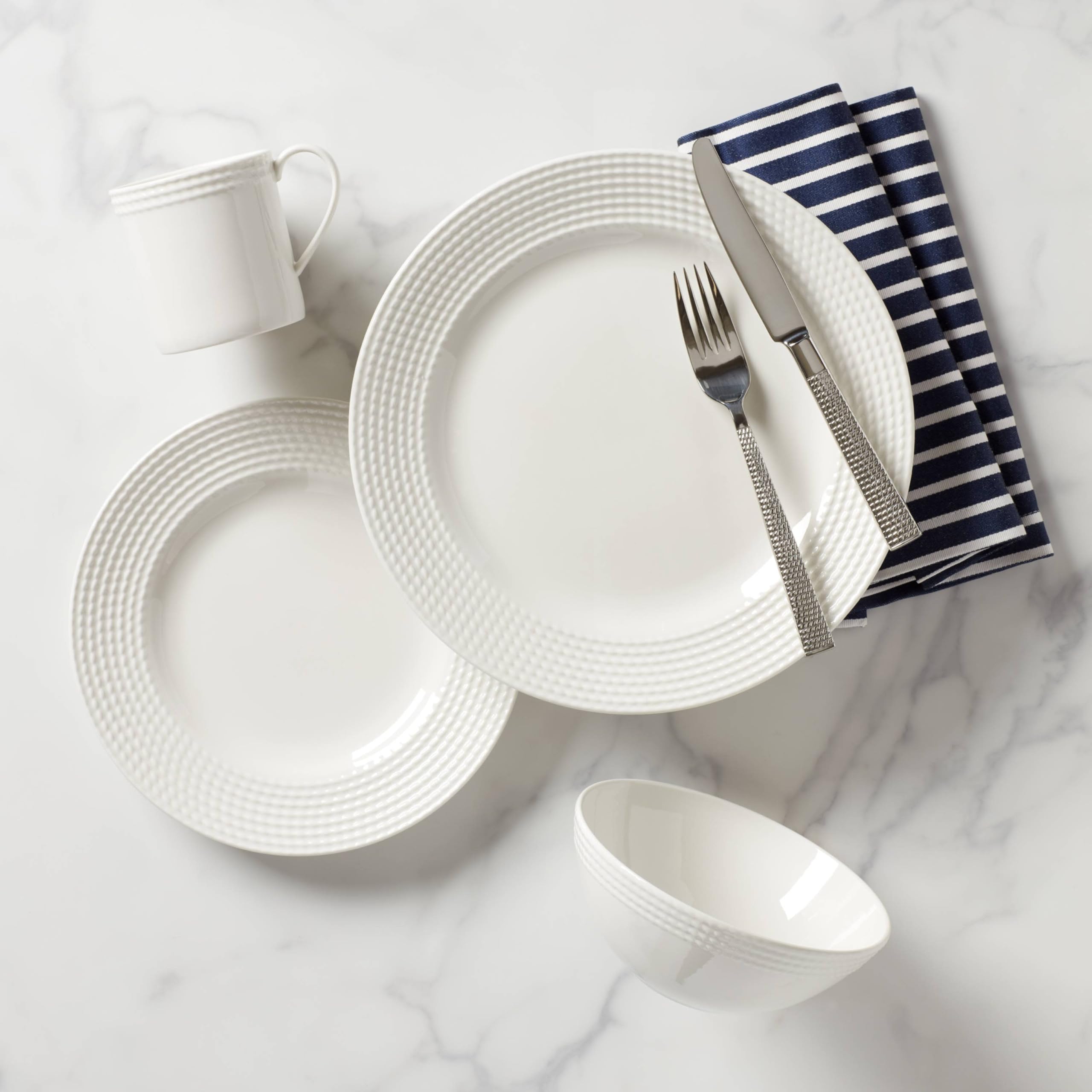 Kate Spade New York Wickford 16-Piece Dinnerware Set - White Porcelain Dinner Plates, Salad Plates, Bowls & Mugs - 15.75 LB Complete Set for Elegant Dining, Entertaining & Gift Giving