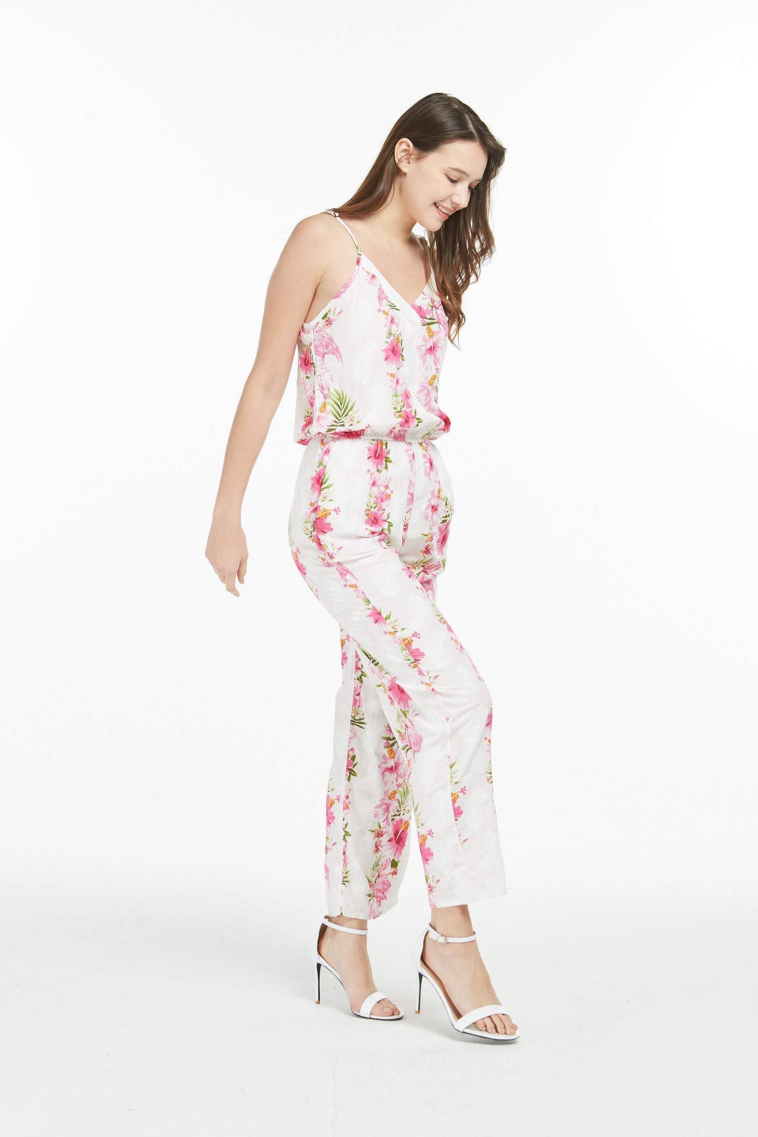 Women's Hawaiian Strap V-Neck Jumpsuit with Pockets - Pink Hibiscus Vine Print - Beach Vacation, Summer Outfit, Casual Wear
