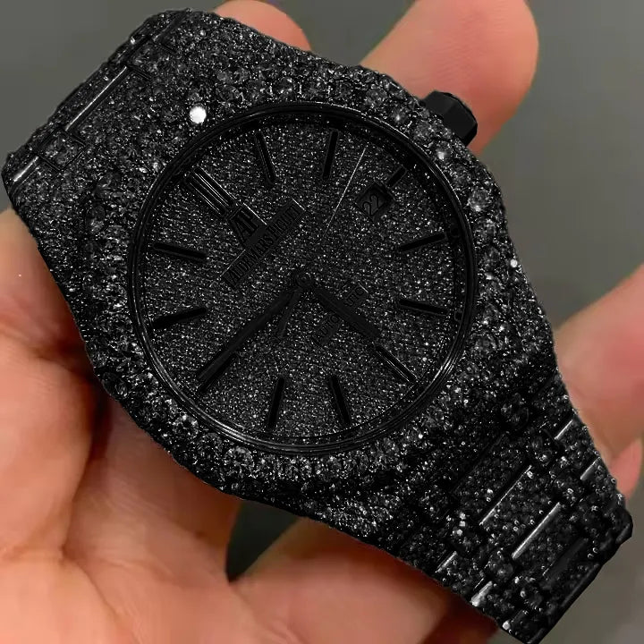 8 Iced Out Diamond Moissanite Black Watch for Men - Luxury Hip Hop Bling Diamond Watch - Perfect for Parties, Gifting & Special Occasions