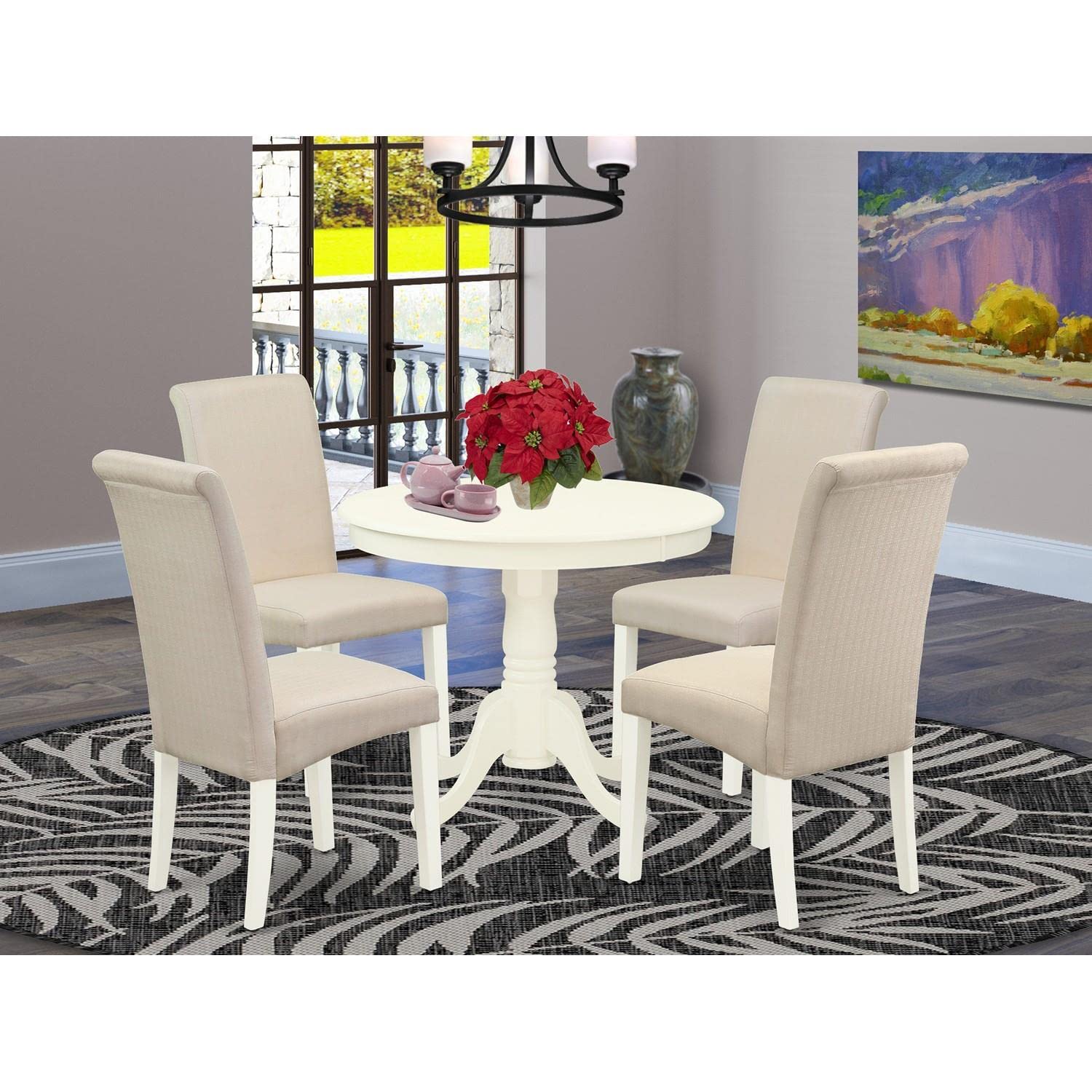 East West Furniture ANBA5-LWH-01 5-Piece Modern White Dining Table Set with Round Pedestal Table & 4 Cream Linen Parsons Chairs, 36x36 Inch - Perfect for Small Kitchens, Breakfast Nooks & Cozy Dining Spaces