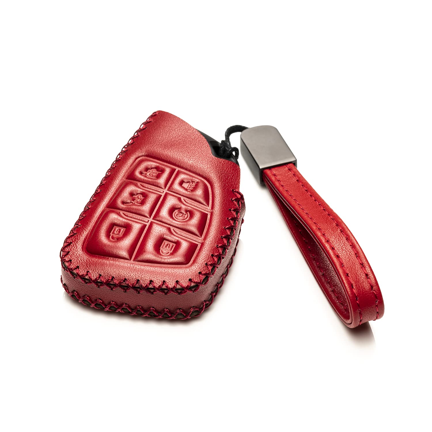 Genuine Leather Smart Key Fob Case with Leather Key Strap - Compatible with Chevrolet Suburban 2025, Tahoe 2025, Silverado 2025 (6-Button, Red) | Premium Protection & Style for Your Car Keys | Perfect for Daily Use, Travel & Gift Giving