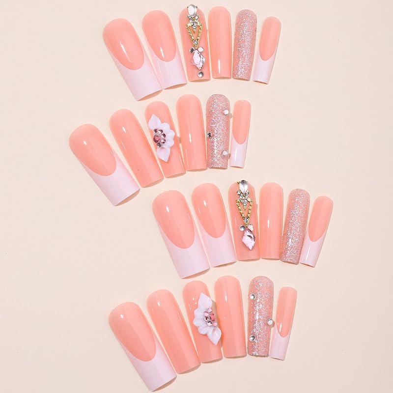 Long Coffin Press On Nails with Glitter & Rhinestones - 24pcs Fake Nails for Mother's Day Gift | Perfect for Parties, Weddings & Special Occasions