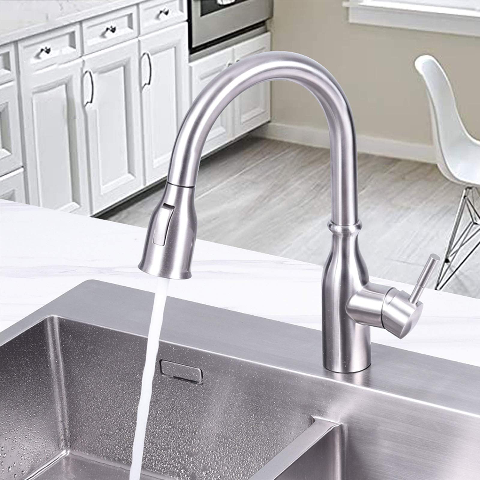 Single Handle Pull-Out Kitchen Faucet with 360° Swivel, Brushed Nickel Deck-Mounted Cold & Hot Water Mixer Tap for Modern Kitchens