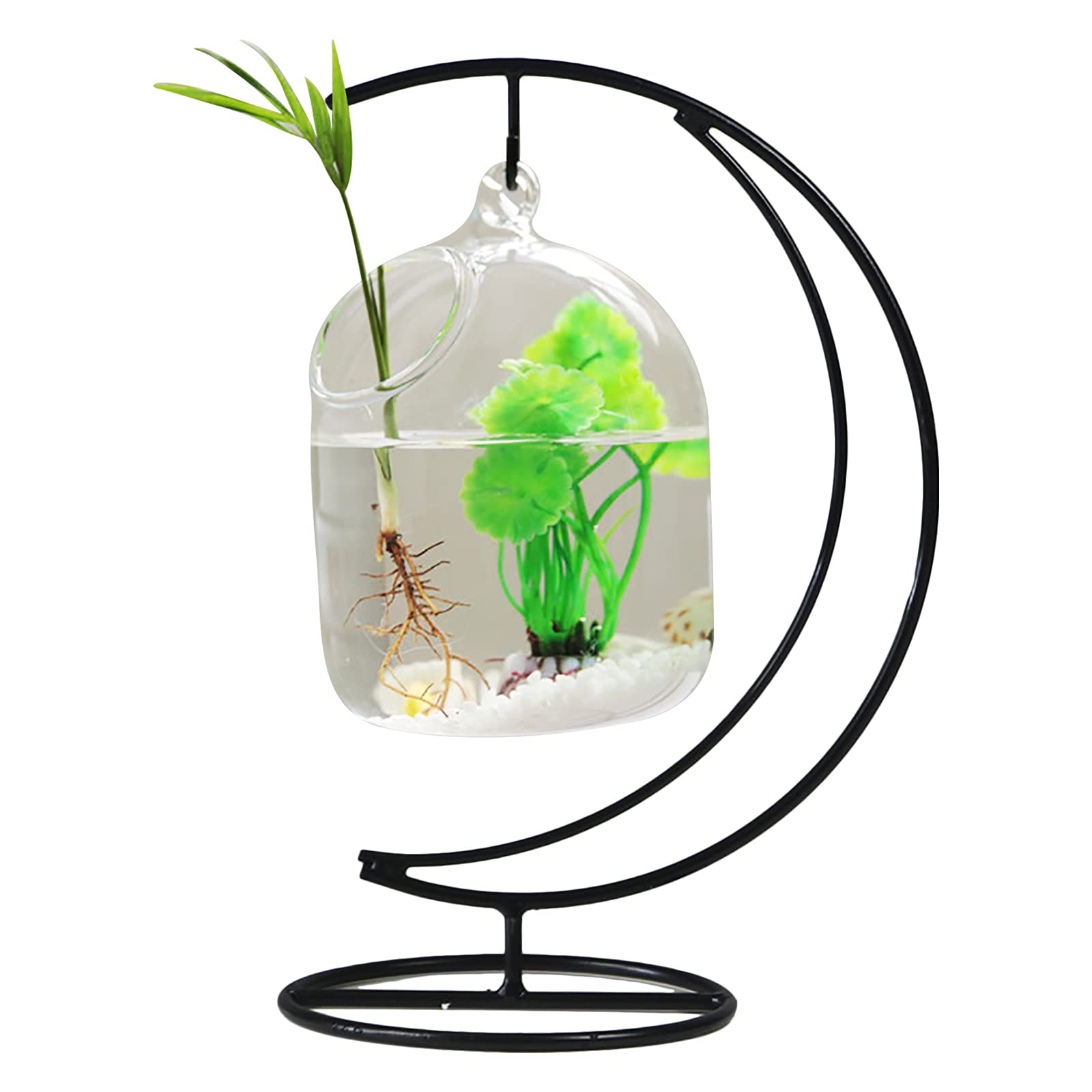 Small Hanging Glass Fish Tank with Stand - Mini Aquarium Bowl for Betta Fish, Clear Plant Terrarium | Perfect for Home, Office Desk Decor & Zen Relaxation Spaces