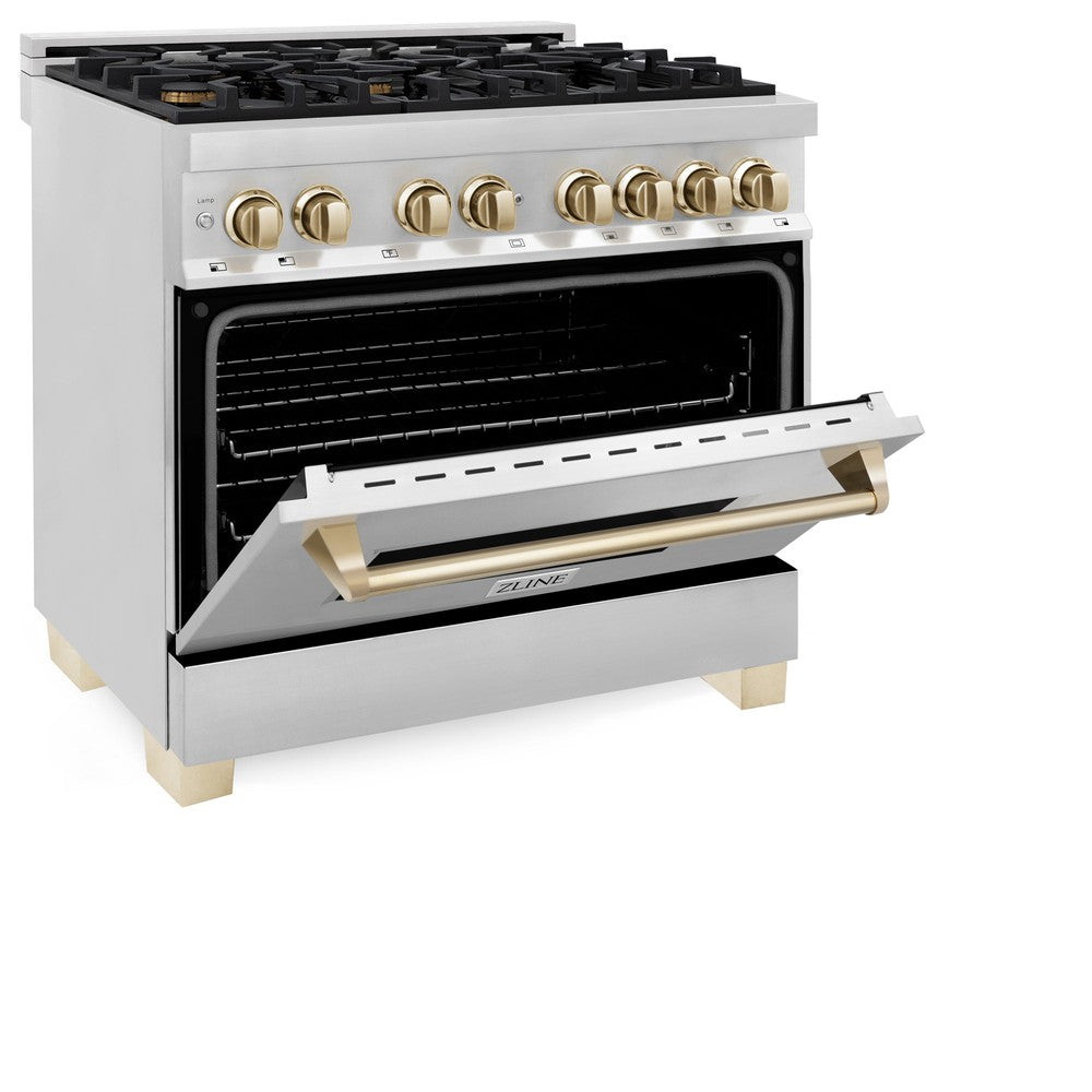 ZLINE Autograph Edition 36-inch Dual Fuel Range with 6 Burner Gas Cooktop & Convection Oven - 4.6 cu.ft Stainless Steel with Gold Accents (RAZ 36 G) - Perfect for Professional Kitchens & Luxury Home Cooking