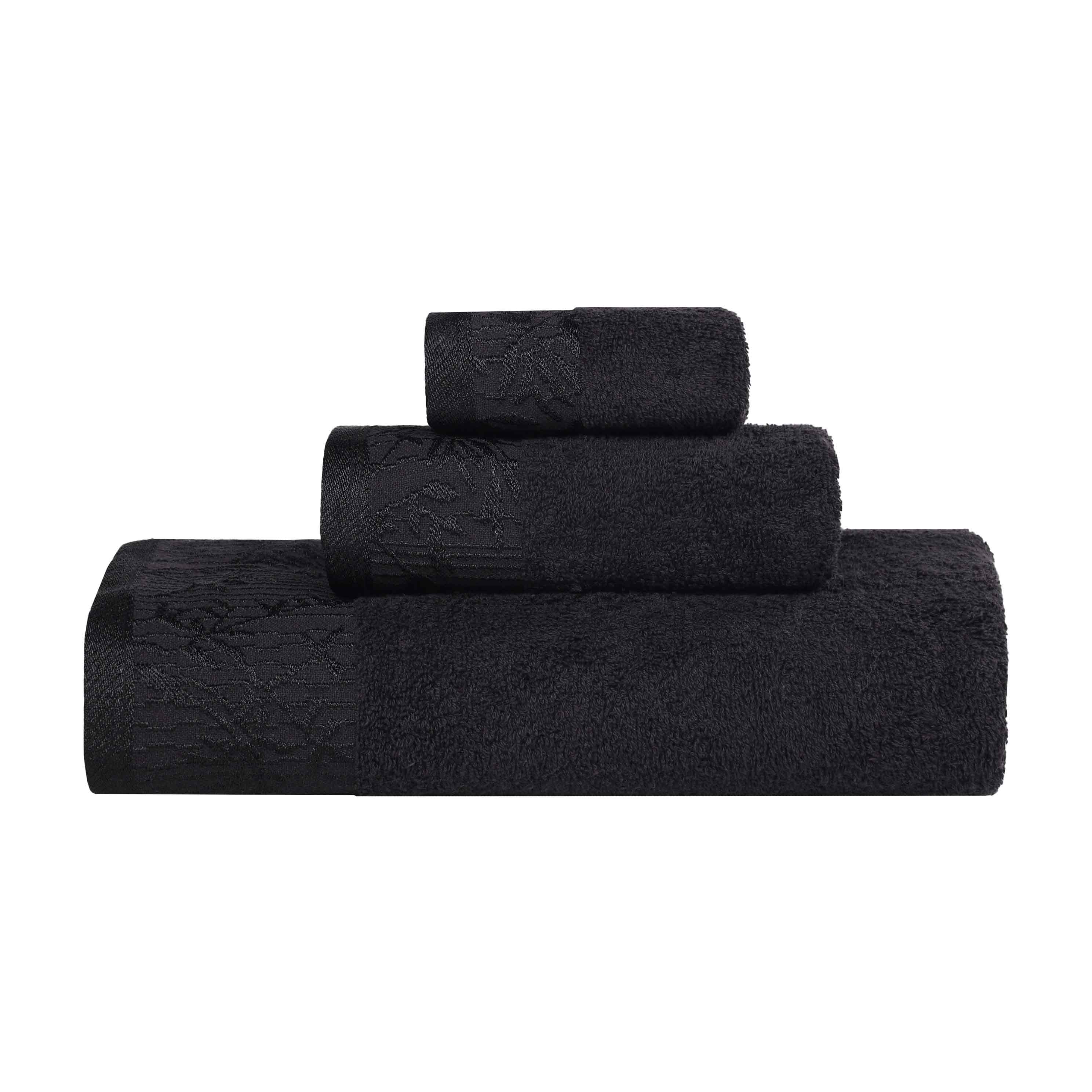 Wisteria Cotton Floral Embroidered Jacquard Border 3-Piece Bath Towel Set - Soft & Absorbent for Spa, Bathroom & Guest Room Decor