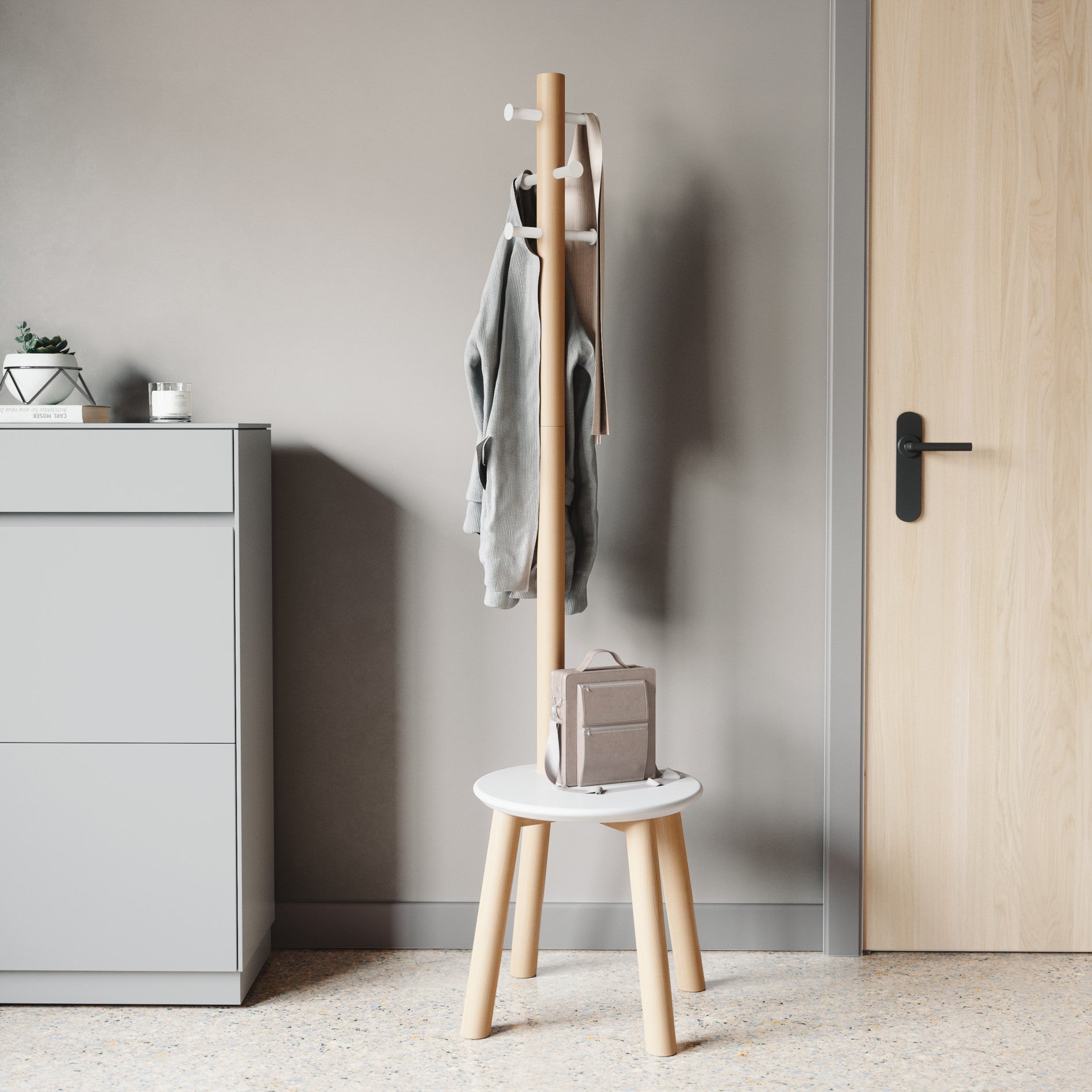 Modern Wooden Pillar Stool with Coat Rack - Multi-Functional Entryway Furniture for Small Spaces, Hallway, Bedroom, or Living Room Organization