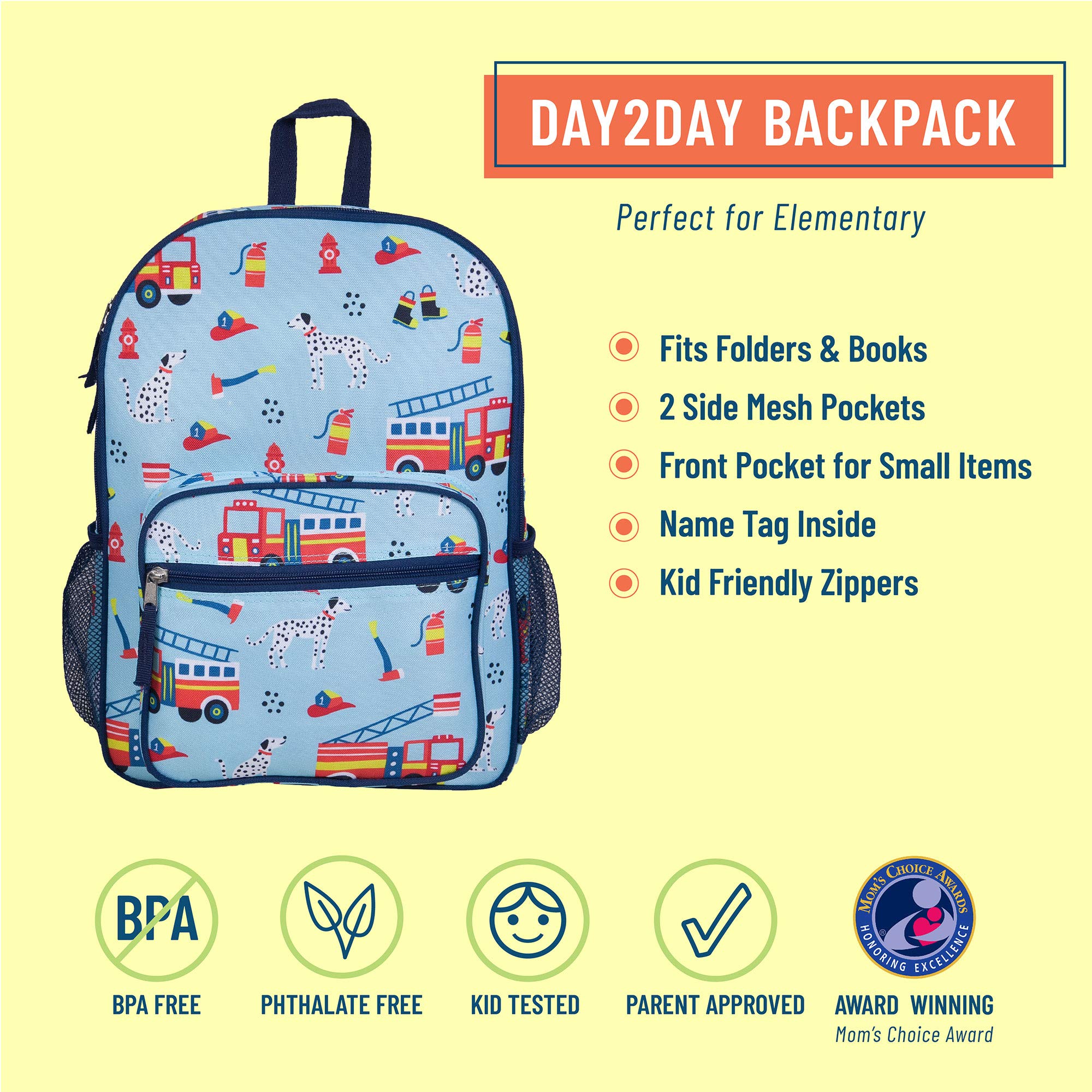 Wildkin Day2Day Kids Backpack for School & Travel - Durable Children's Backpack with Side Mesh Pocket & Firefighter Design - Perfect for Elementary Students, Daycare, Camping & Outdoor Adventures