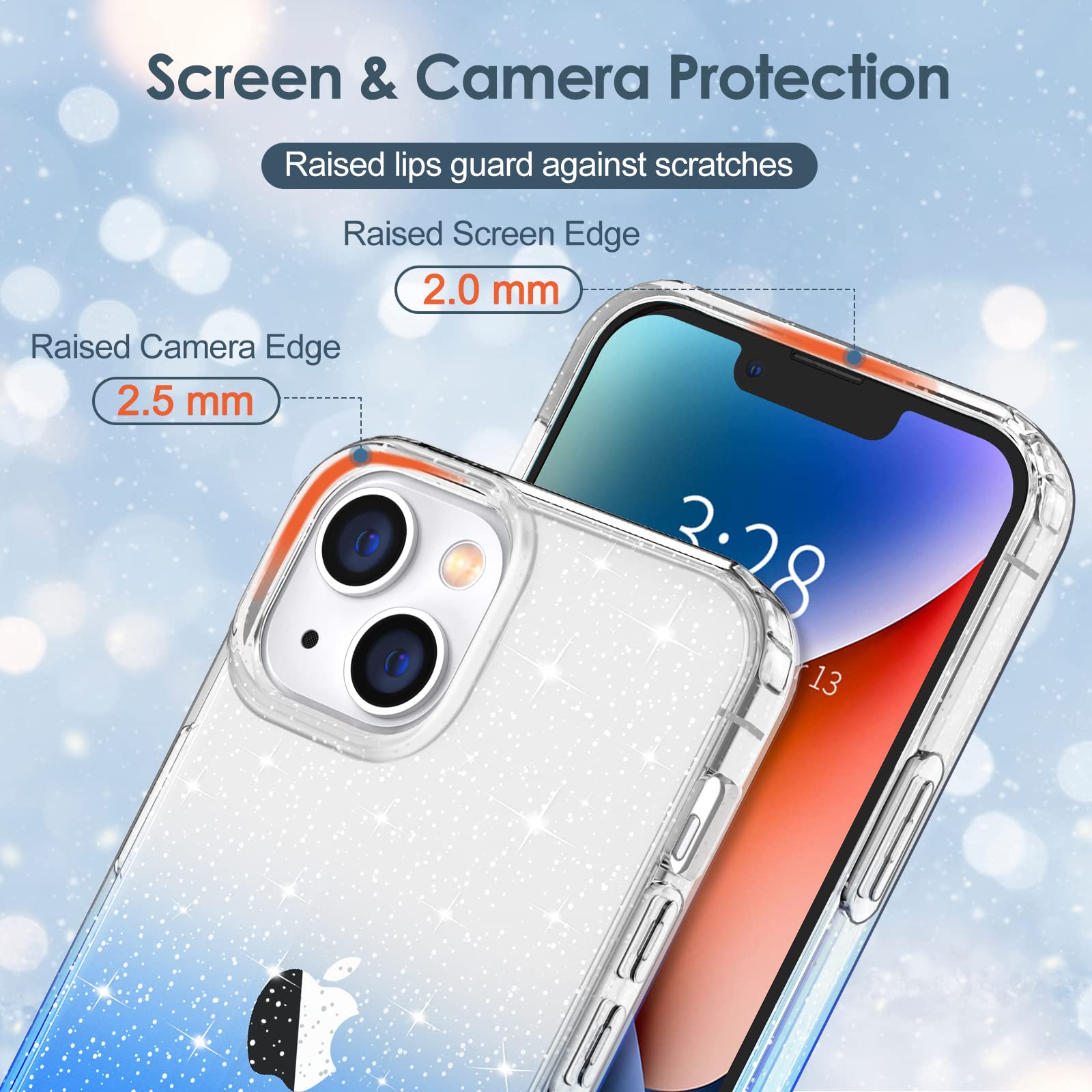 Hython Sparkly Glitter Case for iPhone 14 Plus - Cute Clear Shiny Bling TPU Cover with Gradient Blue Design | Anti-Scratch, Shockproof & Slim Fit Protective Phone Case for Women & Girls | Perfect for Parties, Daily Use & Gift Giving