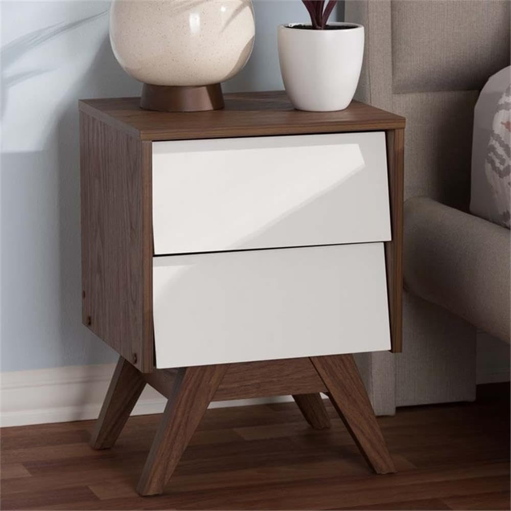 Allora Modern 2-Drawer Nightstand - White & Walnut Brown Wood Bedside Table for Bedroom, Living Room & Guest Room - Compact Storage End Table with Smooth Gliding Drawers