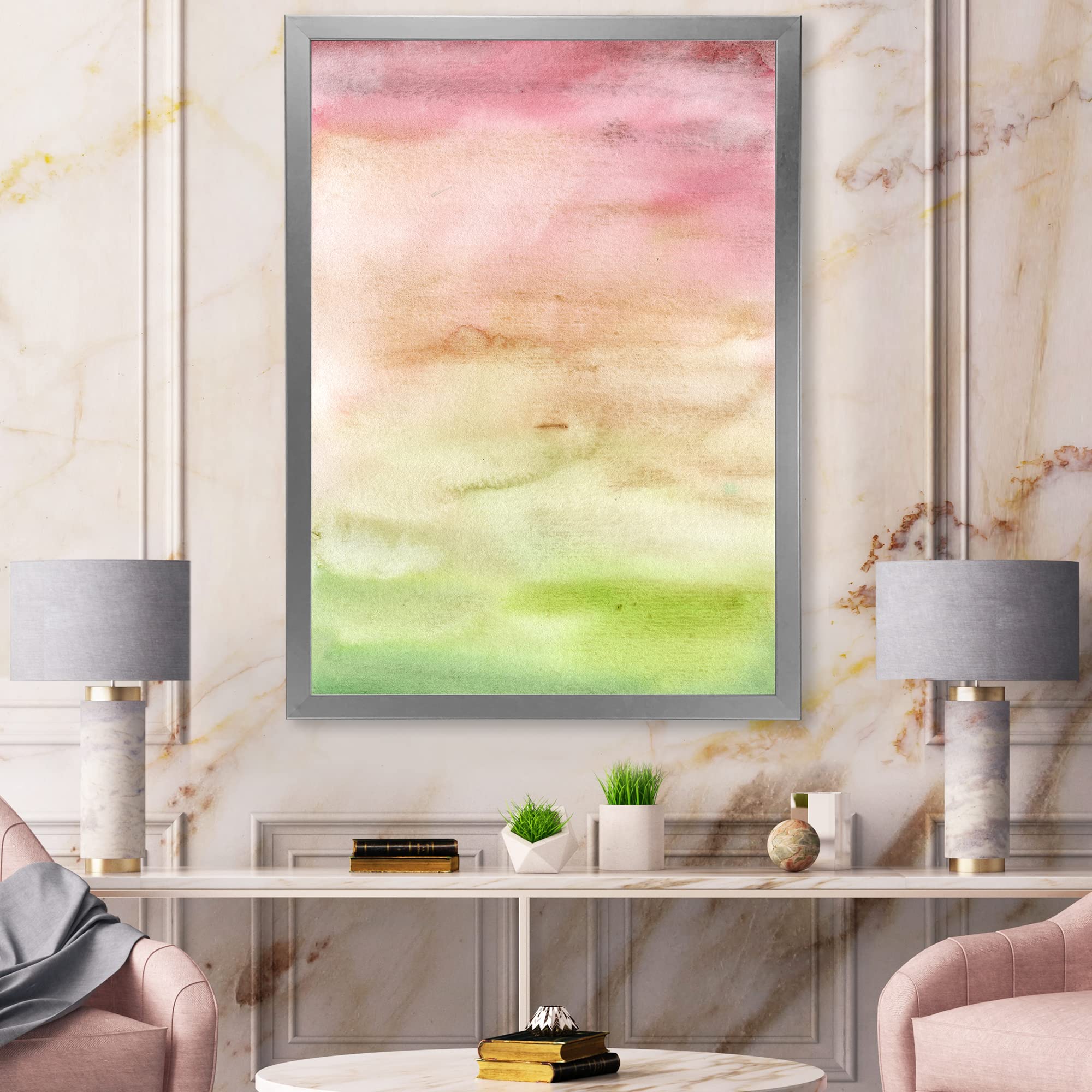 Abstract Sunset Wall Art - Pink, Beige & Green Modern Framed Canvas Painting for Living Room, Bedroom & Office Decor