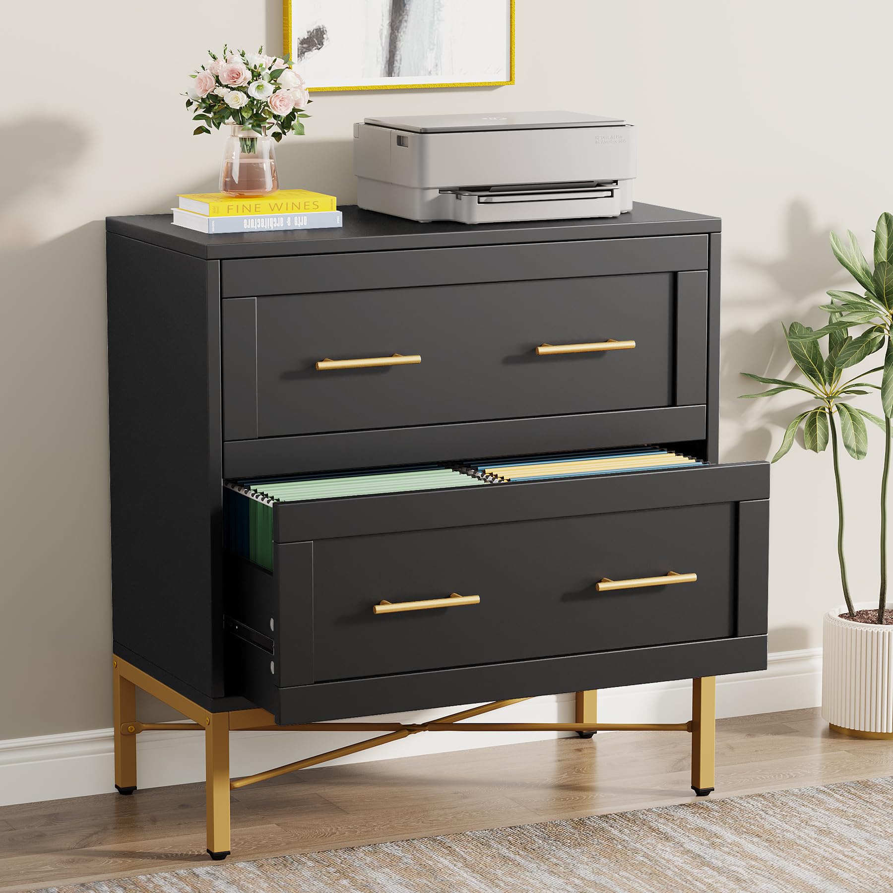 Tribesigns 2 Drawer File Cabinet - Modern Lateral Filing Cabinet for Letter/Legal/A4 Size Documents - Large Storage Cabinet with Printer Stand for Home Office - Black & Gold - Perfect for Organizing Files, Office Supplies & Workspace Essentials