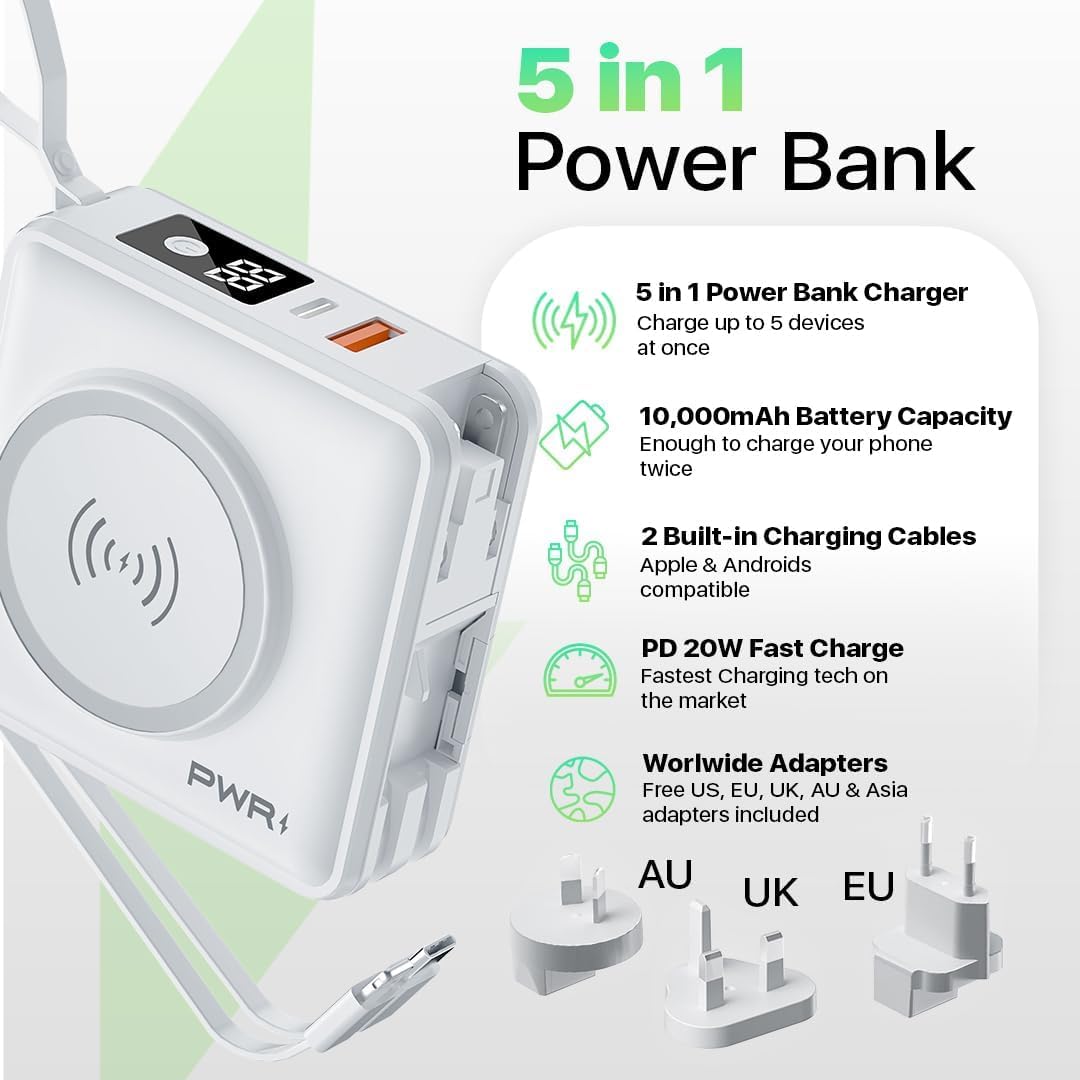 PWR Travel PRO 5-in-1 Power Bank with 10,000mAh Battery - 20W PD & 15W Wireless Fast Charging - Portable Charger for iPhone, Samsung, AirPods - Perfect for Travel, Camping & Emergency Power Backup (White)