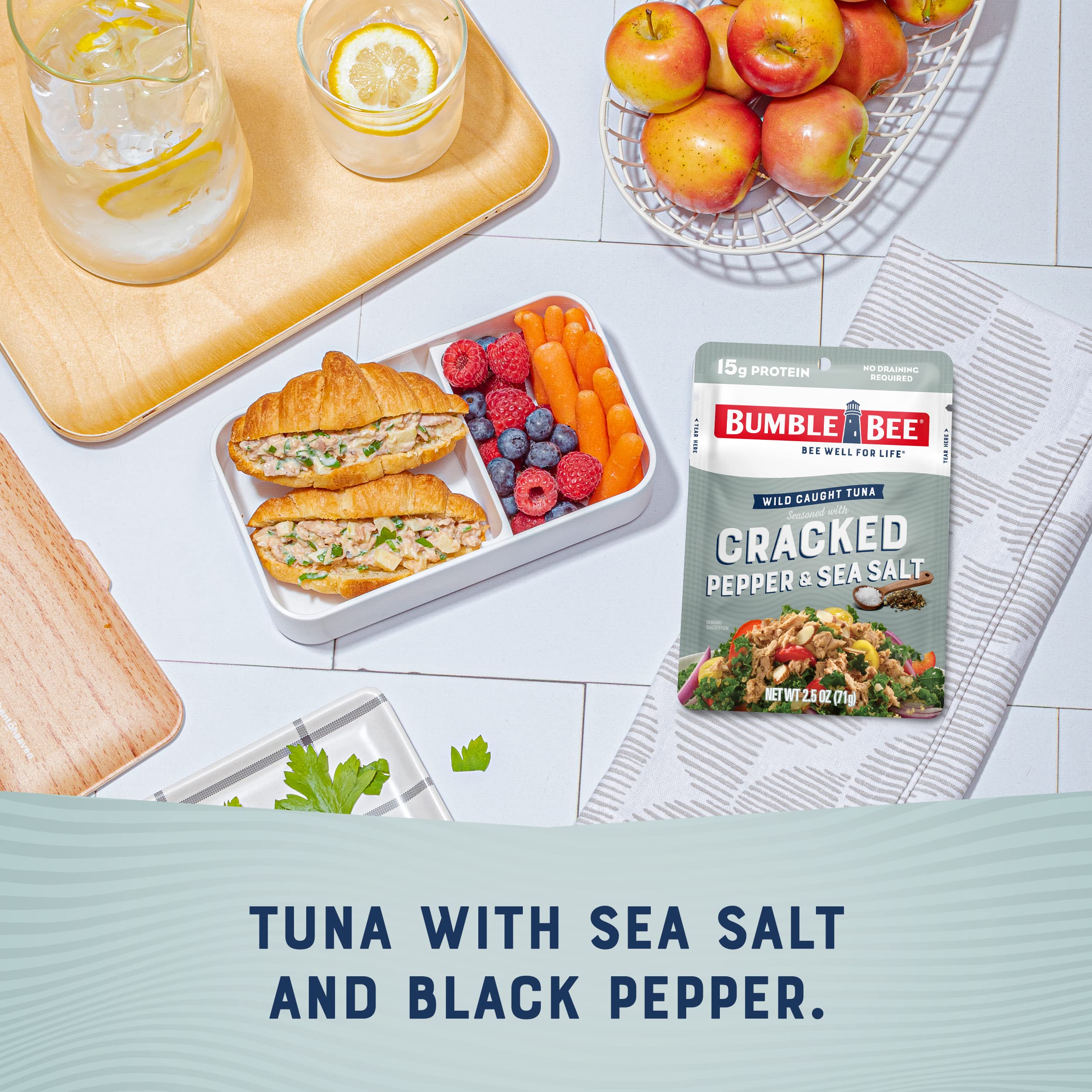 Bumble Bee Cracked Pepper & Sea Salt Seasoned Tuna, 2.5 oz Pouches (Pack of 12) - Wild Caught, Ready to Eat Tuna Packets - High Protein (15g per Serving), Gluten Free, Keto & Paleo Friendly - Perfect for Lunches, Camping, and Emergency Food Supply