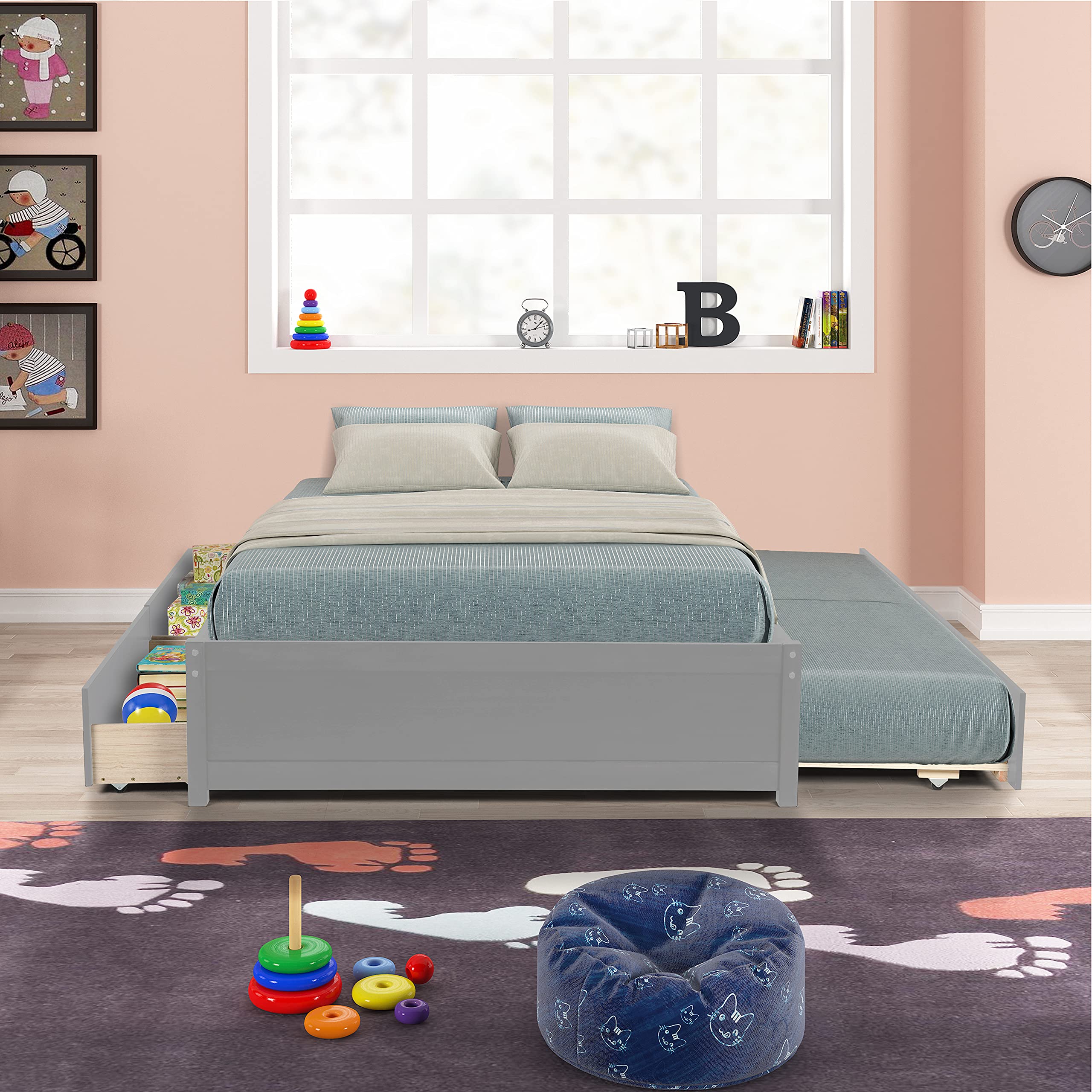Harper & Bright Designs Full Size Platform Bed Frame with Trundle and 2 Drawers - Space Saving Wooden Bed for Kids, Teens & Adults (Grey) | Perfect for Small Bedrooms, Guest Rooms & Dormitories