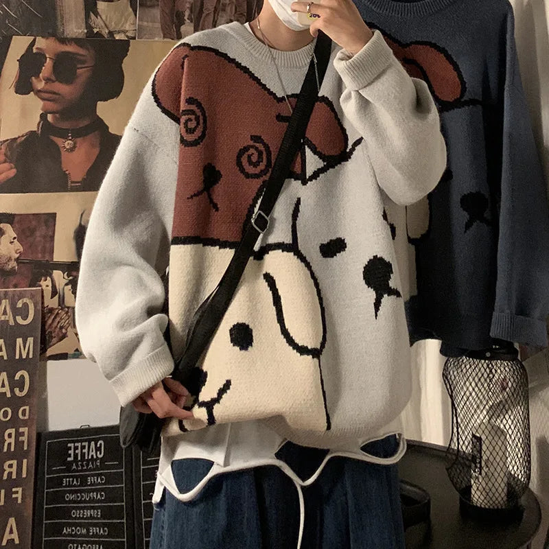 Men's Cartoon Bear Knit Sweater - Winter Warm Long Sleeve Pullover for Casual Wear | Cozy Loose Fit Fashion Top for Autumn & Winter Outfits