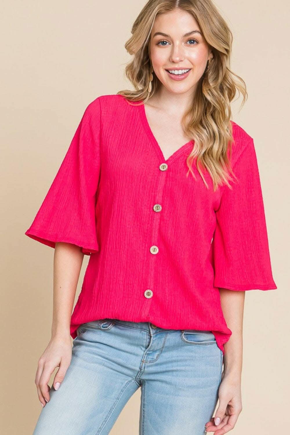 BOMBOM Textured Decorative Button V-Neck Top for Women - Stylish Casual Blouse for Work, Date Night & Everyday Wear