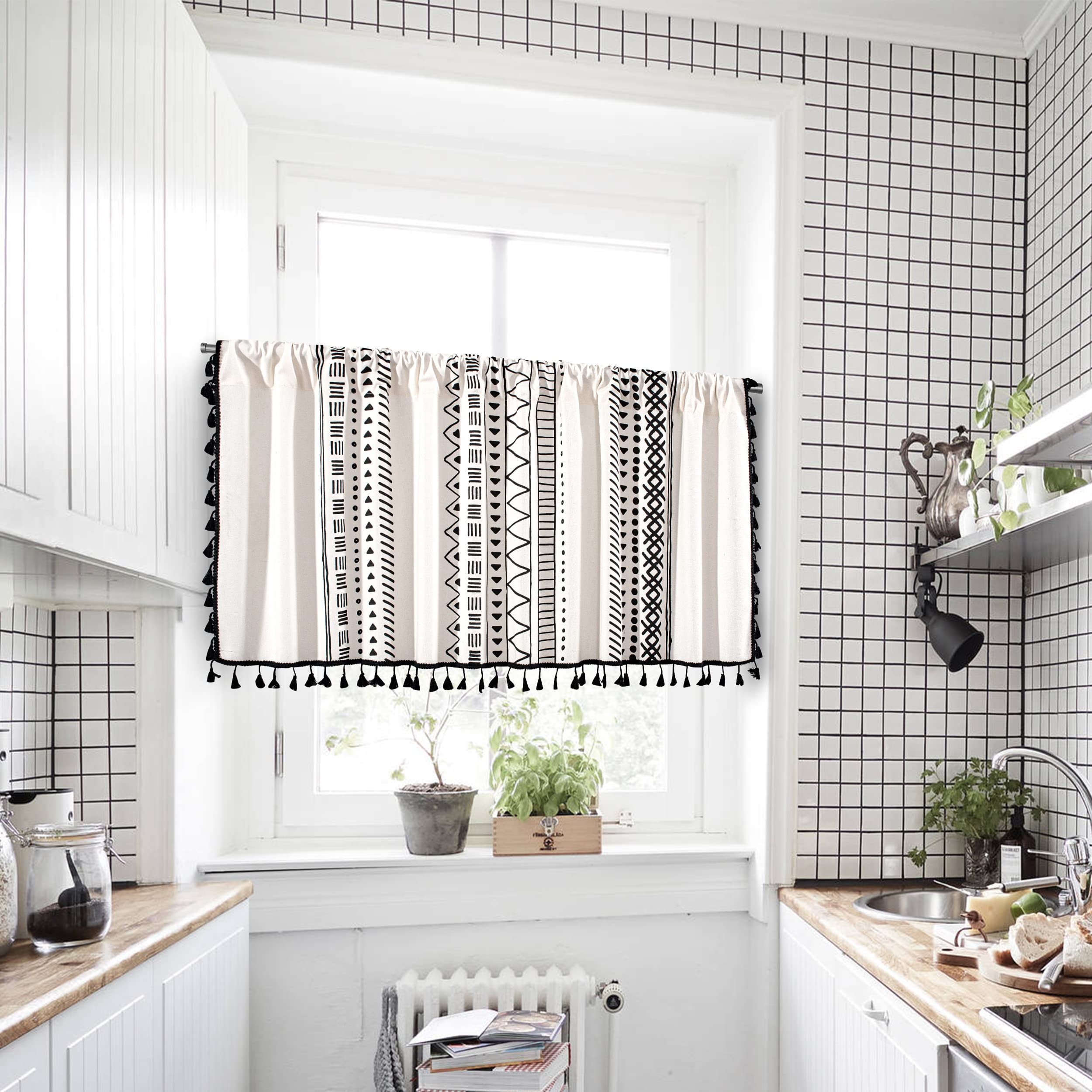 Boho Tassel Linen Window Curtains 59x35 Inches - Semi Blackout Farmhouse Bohemian Geometric Panel Drapes for Living Room, Kitchen, Cafe & Dining Room | Light Filtering Short Window Valances for Privacy & Style