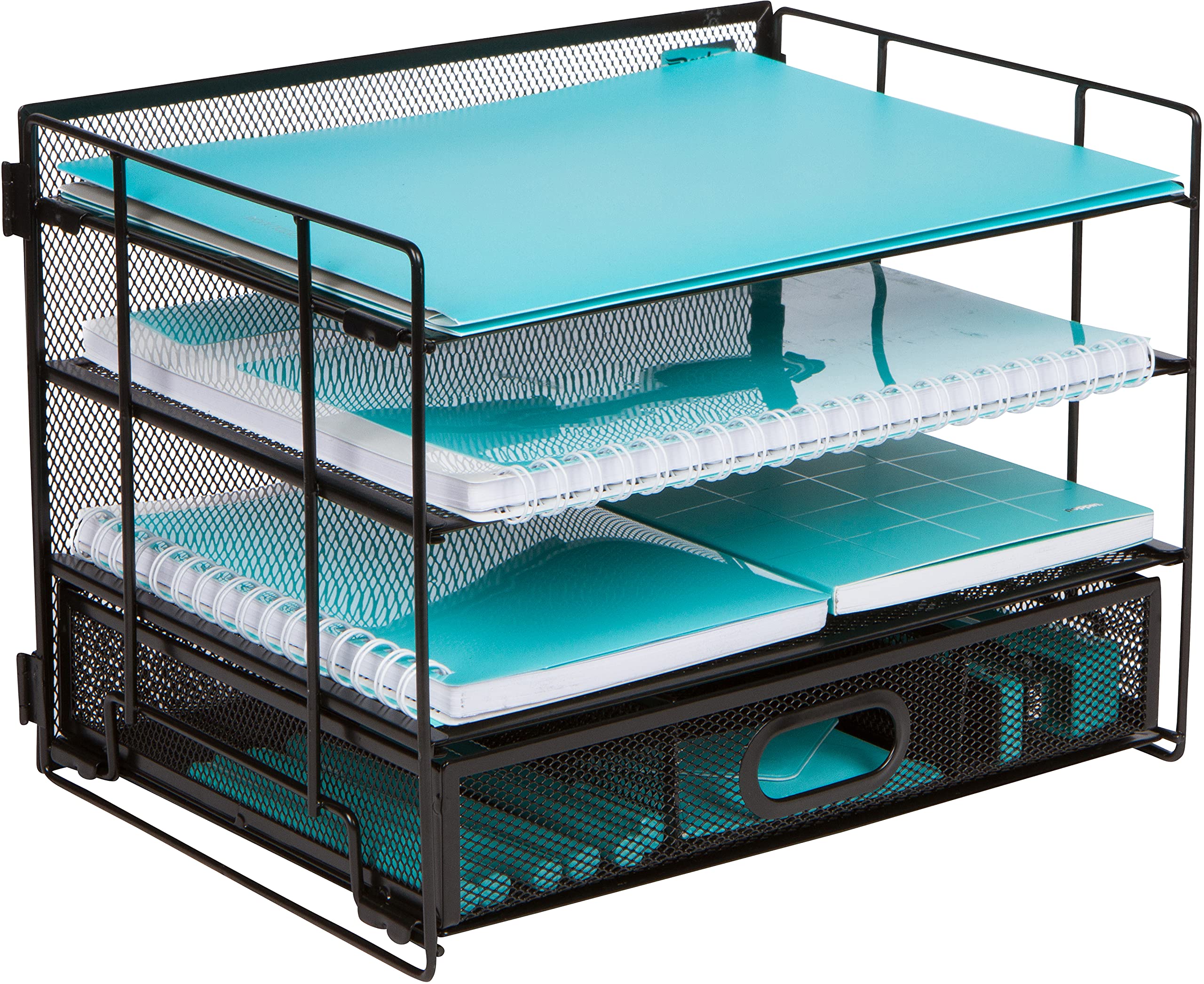4-Tier Mesh Desk Organizer with Sliding Drawer - Black Office Storage for Files, Folders, Pens & Supplies | Perfect for Home Office, Workspace & School Organization