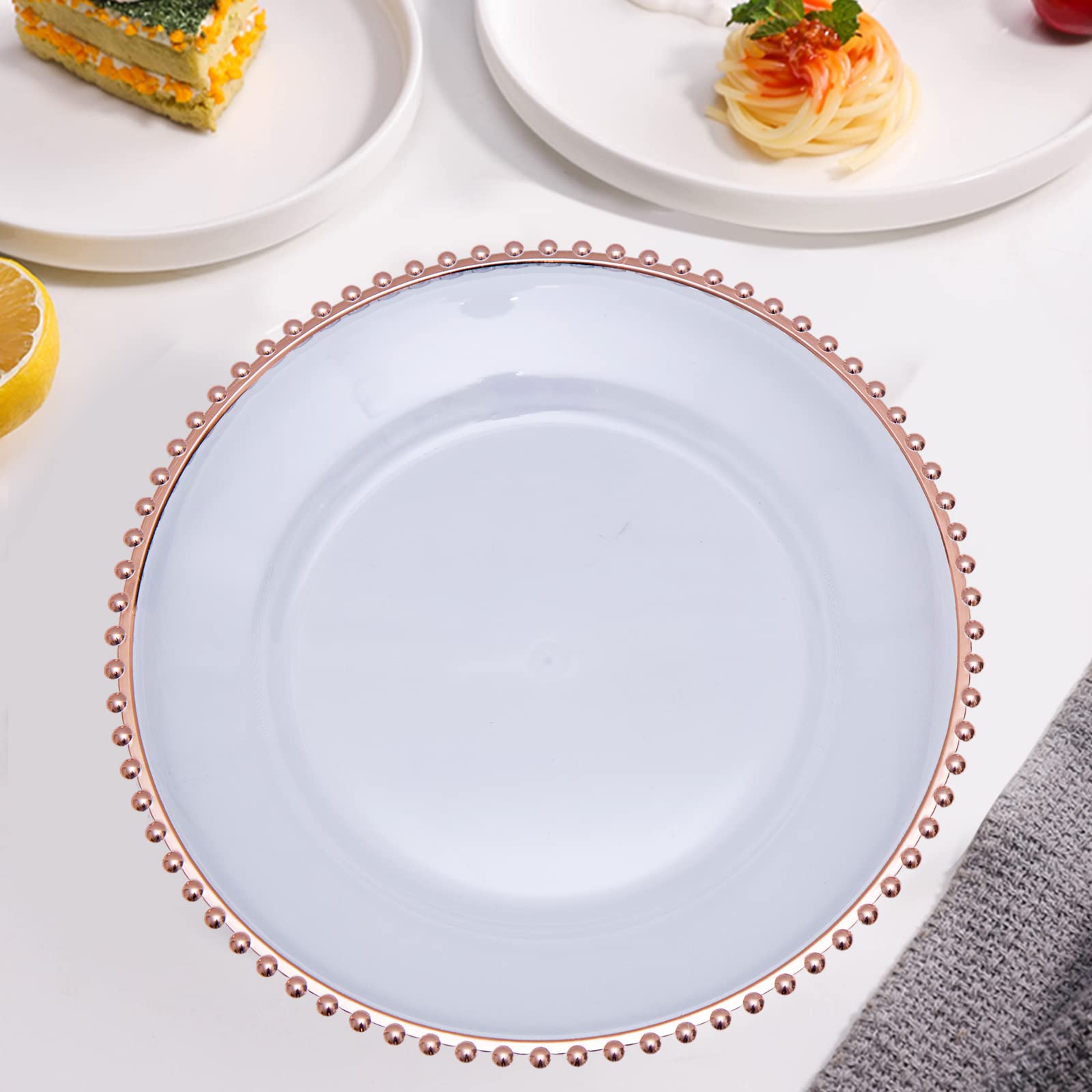 Rose Gold Acrylic Charger Plates 13 Inch - Set of 10 Round Beaded Table Decor Plates for Wedding, Party, Dinner & Special Events - Elegant Table Setting & Home Decor Accessories