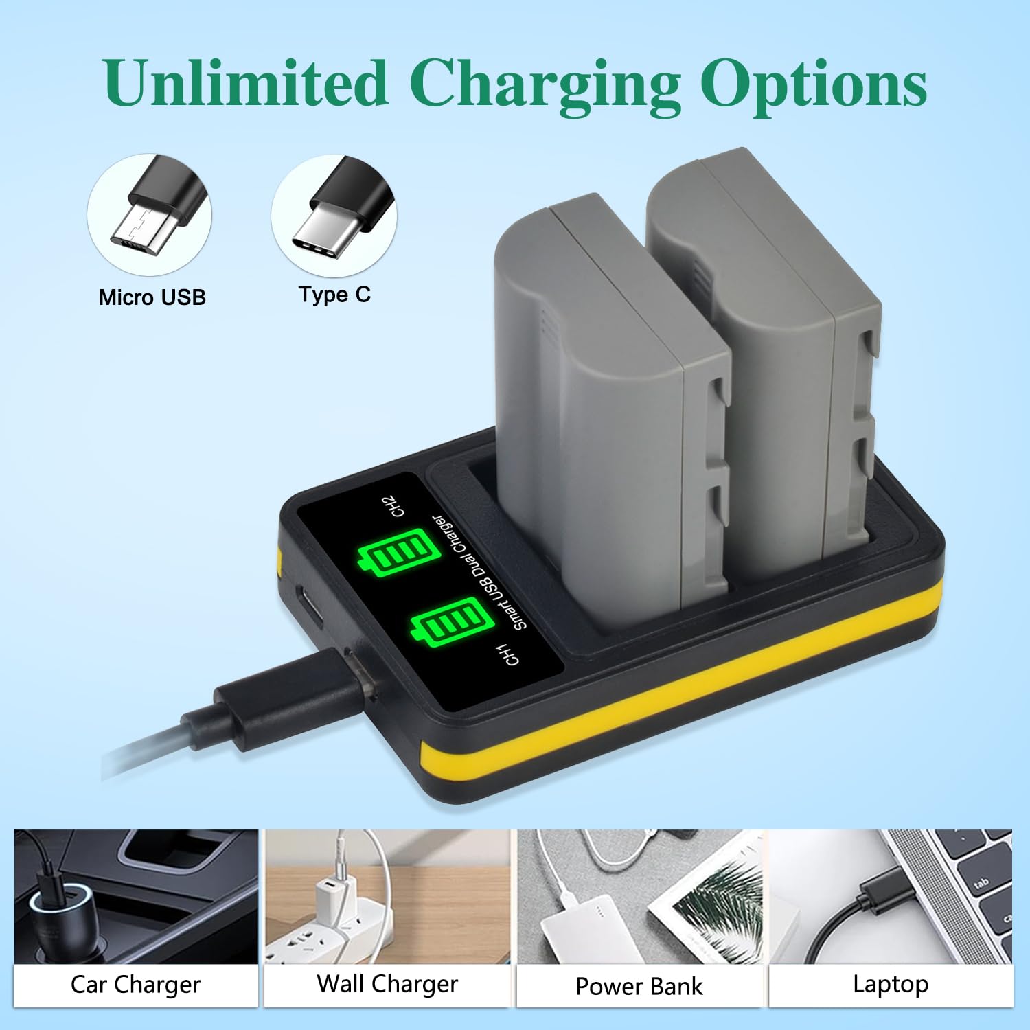 Tectra 2X EN-EL3e ENEL3e Replacement Battery & LED Dual Charger Kit for Nikon D50 D70 D70s D80 D90 D100 D200 D300 D300S D700 DSLR Cameras - Perfect for Travel Photography & Professional Shooting