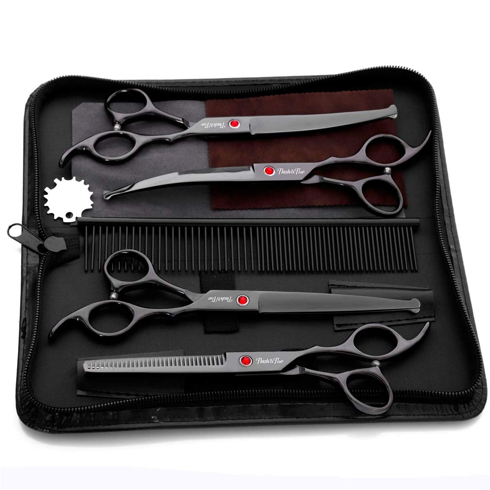 Premium Stainless Steel Pet Grooming Scissors Set - Professional Dog & Cat Hair Cutting Shears with Round Tip, Straight & Thinning Scissors for Safe Trimming - Perfect for Home Pet Grooming & Professional Use