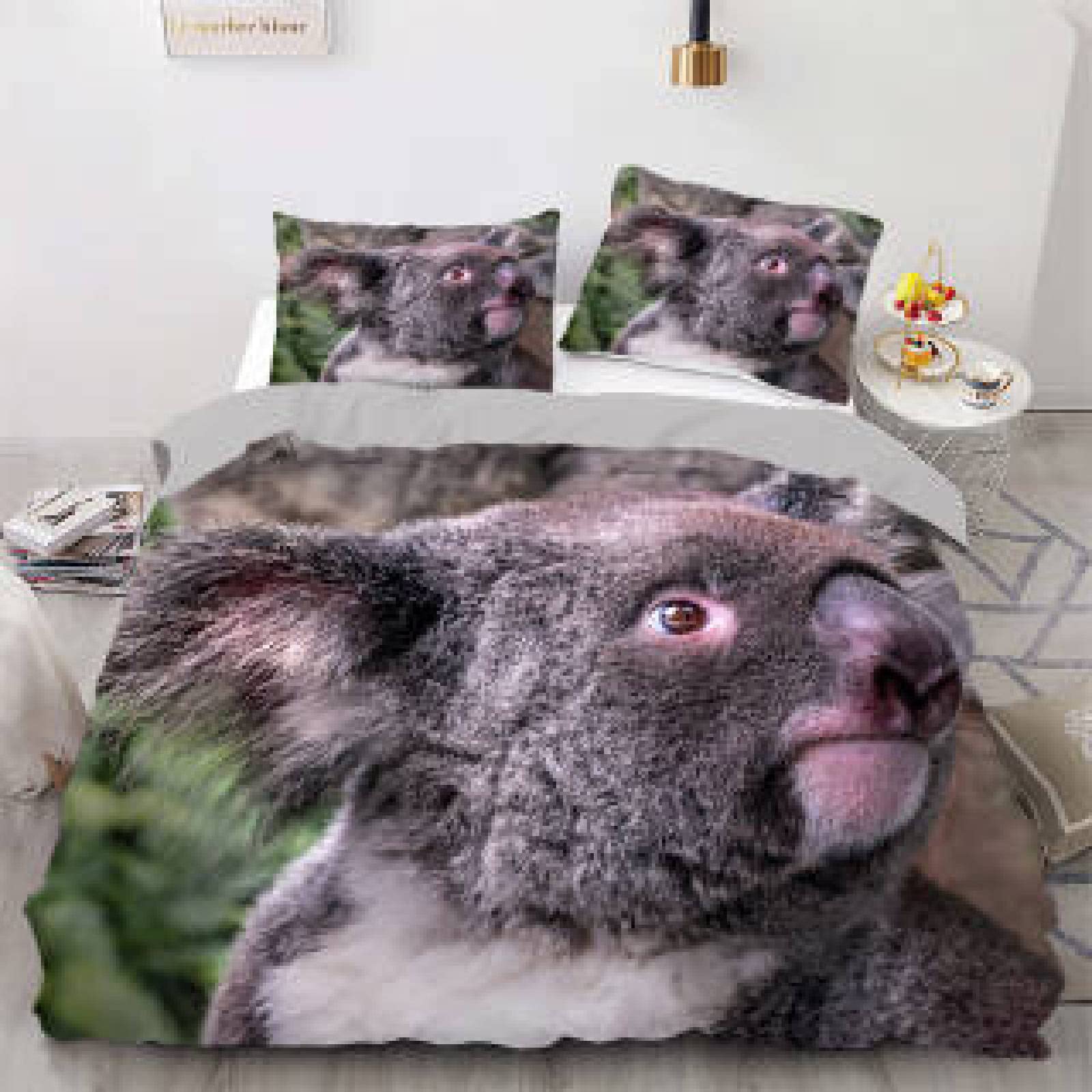 Queen Size Grey Koala Comforter Set - 110g/㎡ Microfiber Duvet Cover with 2 Pillowcases (20