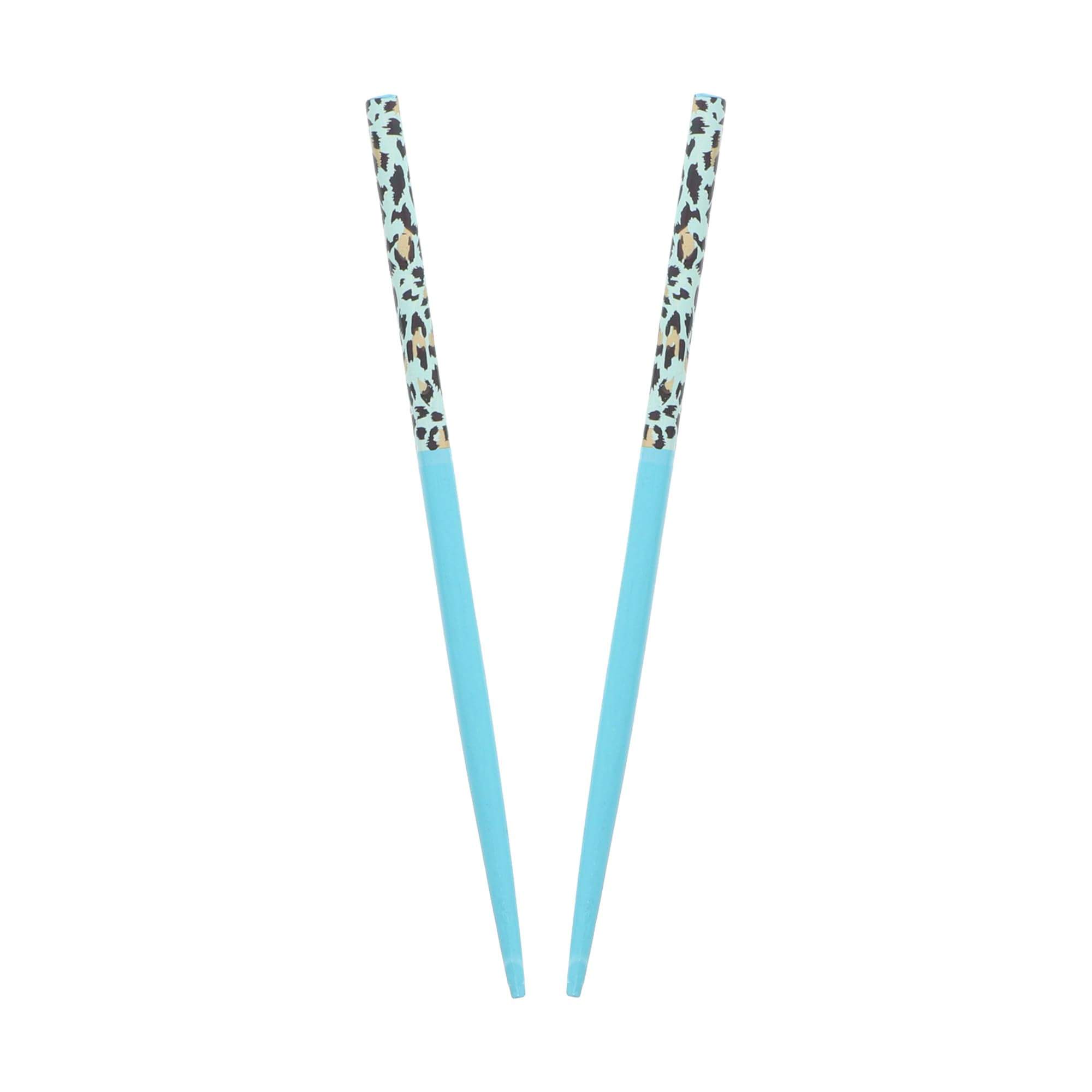 Two Wooden Animal Print Hair Sticks 7.25 Inches Long for Women - Teal Hair Accessories for Bun Updo and Ponytail Hairstyles