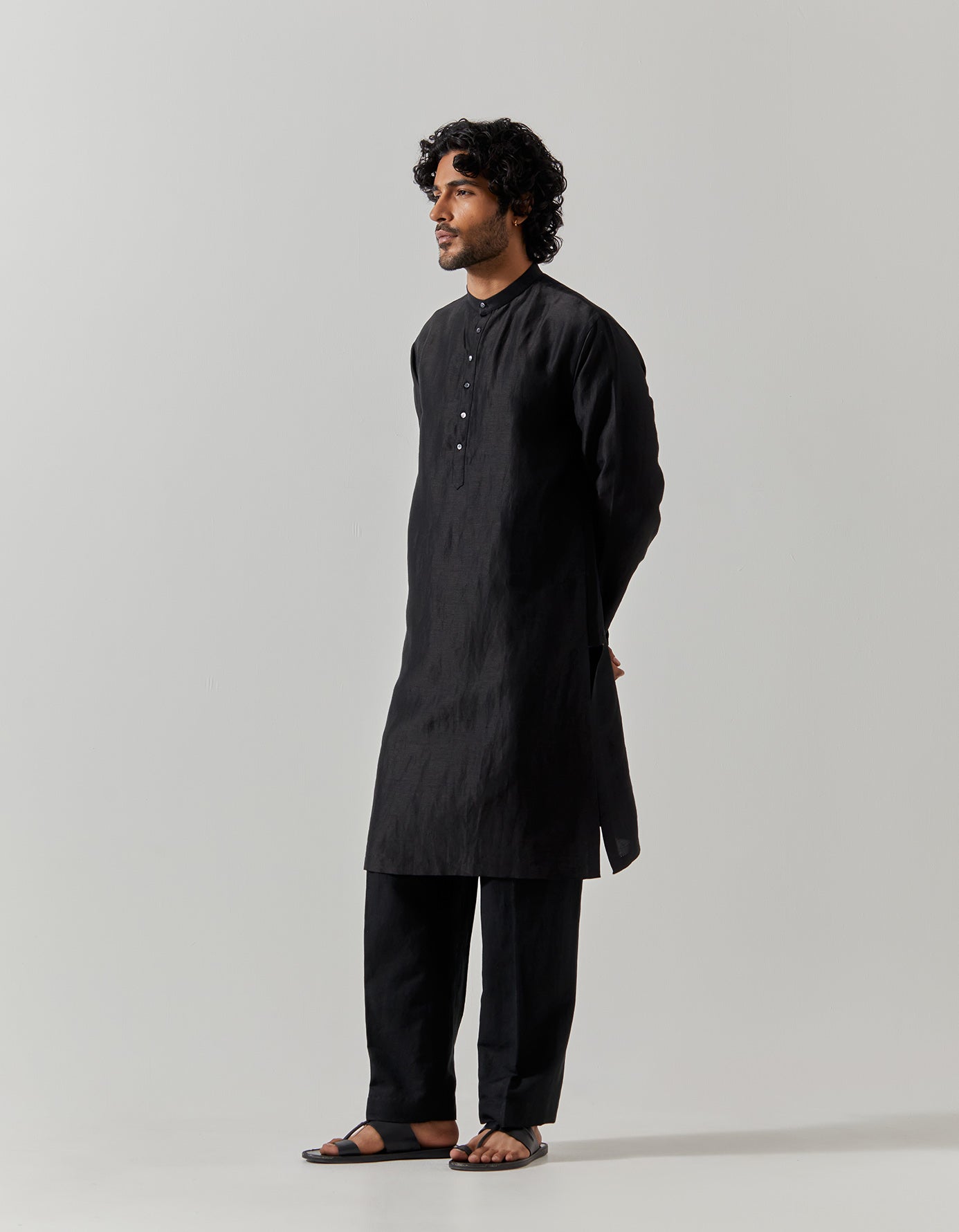 Bade Miyan Kurta for Men - Black Satin Linen Tunic Shirt - Perfect for Eid, Weddings & Festive Occasions