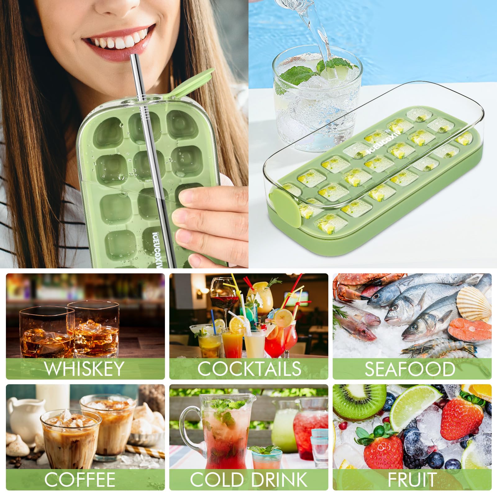Silicone Ice Cube Tray Set - 21 Pieces Easy Release Ice Molds for Freezer - Perfect for Cocktails, Tea, Coffee, Whiskey & Beverages - BPA-Free Flexible Ice Cube Maker for Home & Party Use