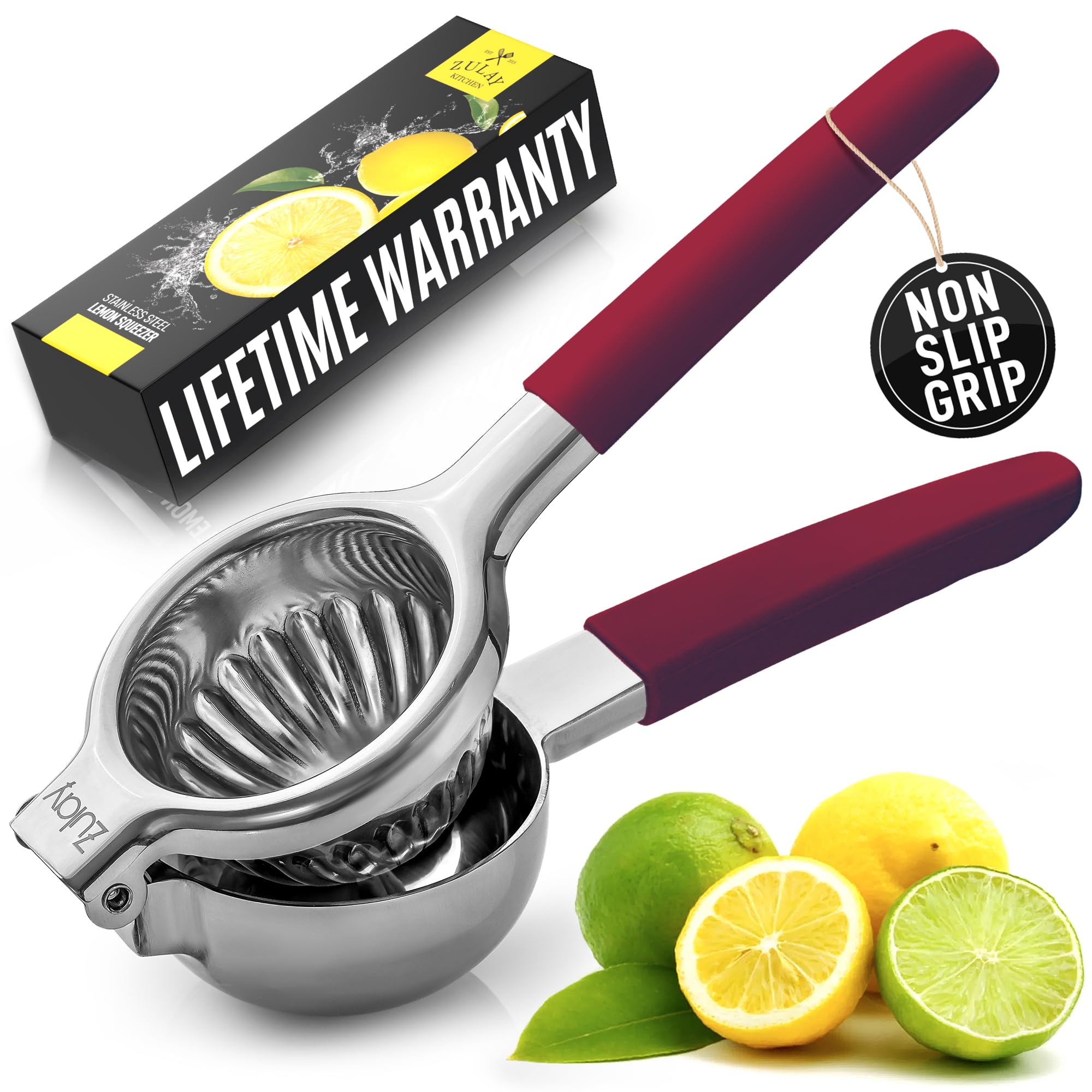 Premium Stainless Steel Lemon Squeezer - Heavy Duty Manual Citrus Juicer with Solid Metal Bowl & Food Grade Silicone Handles - Large Lime & Orange Press (Cranberry) - Perfect for Fresh Juice, Cocktails, Baking & Healthy Drinks