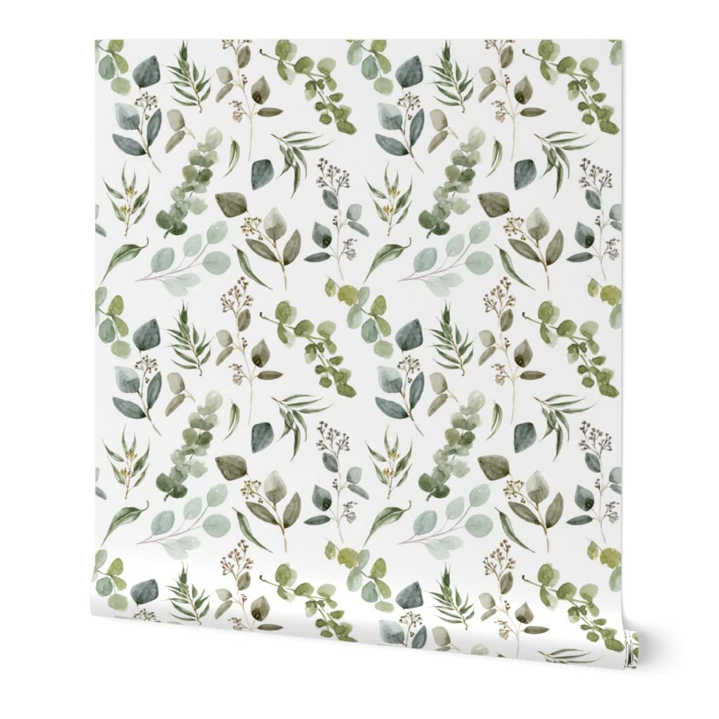Removable Wallpaper Swatch - Floral Leaf Nature Forest Australian Eucalyptus White Watercolor Peel & Stick Wallpaper | Perfect for Nursery, Bedroom, Office Decor | Spoonflower