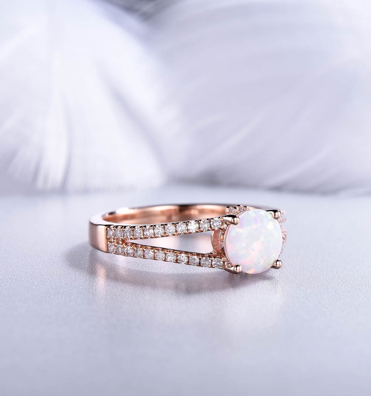Vintage Opal Engagement Ring - Split Shank Round Cut Opal Wedding Band in Rose Gold | Perfect for Proposals, Anniversaries & Romantic Occasions