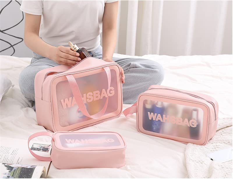 WELL ENTERPRISE 3-Pack Pink Transparent Cosmetic Wash Bags - Waterproof Makeup Pouch & Travel Toiletry Organizer with Zipper & Handle for Women & Men - Perfect for Gym, Travel, and Daily Beauty Storage