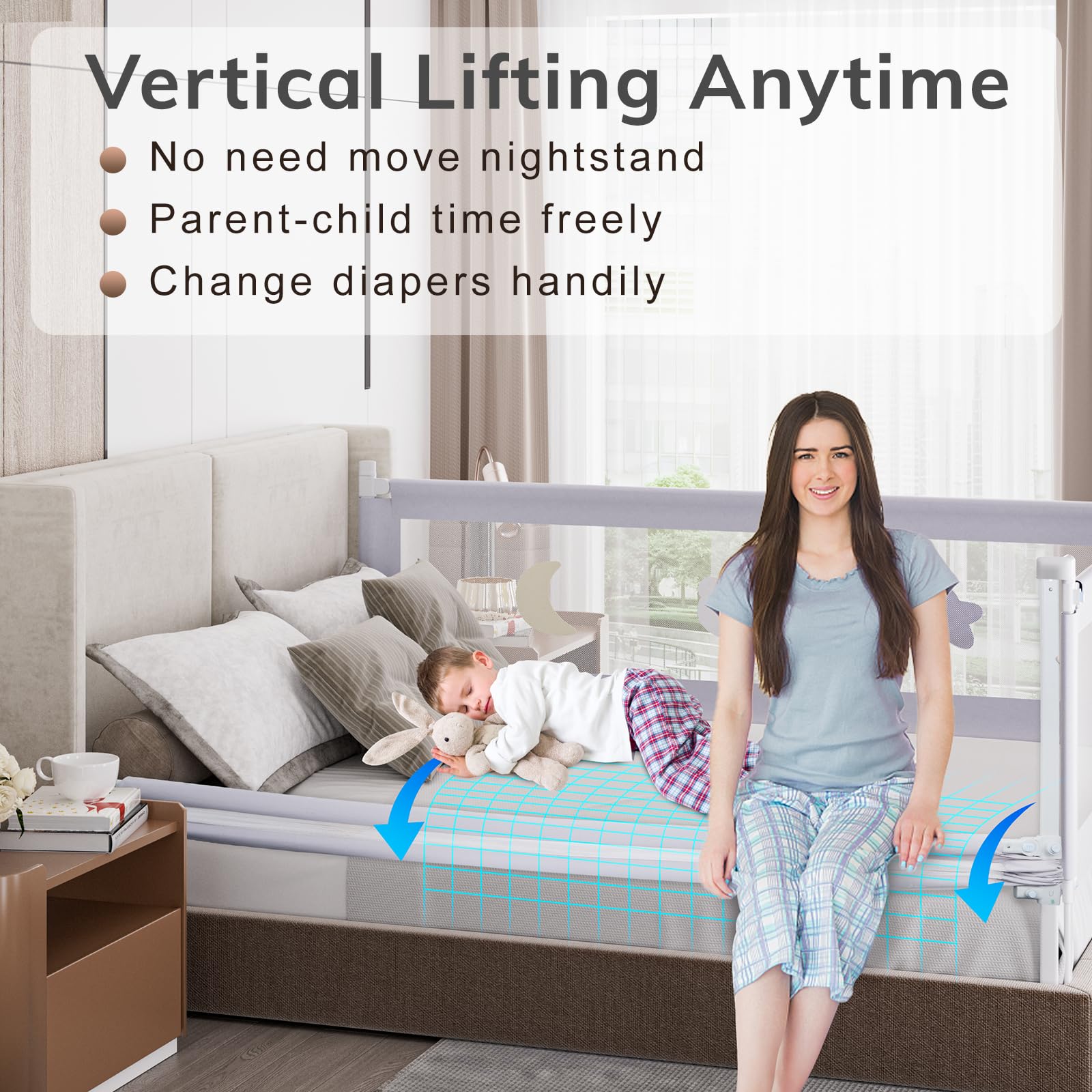 OMZER 3-Pack Toddler Bed Rails with Double Child Lock - Adjustable Height Safety Guardrail for Queen Size Beds (78.7x78.7x59