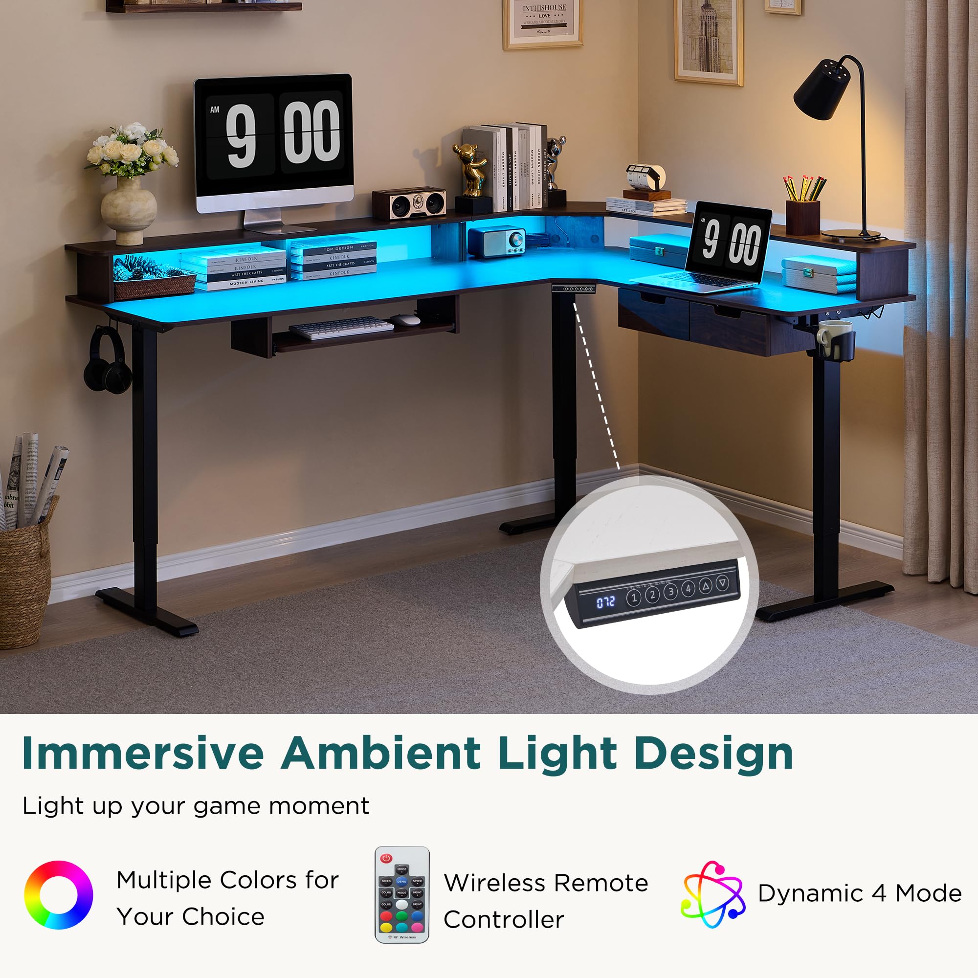 RedLemon 75X60 Inches L-Shaped Electric Standing Desk - Adjustable Height Corner Gaming Desk with Drawers, Keyboard Tray, Power Outlets & LED Lights - Computer Workstation with Monitor Shelf in Dark Walnut - Perfect for Home Office, Gaming Setup & Remote Work