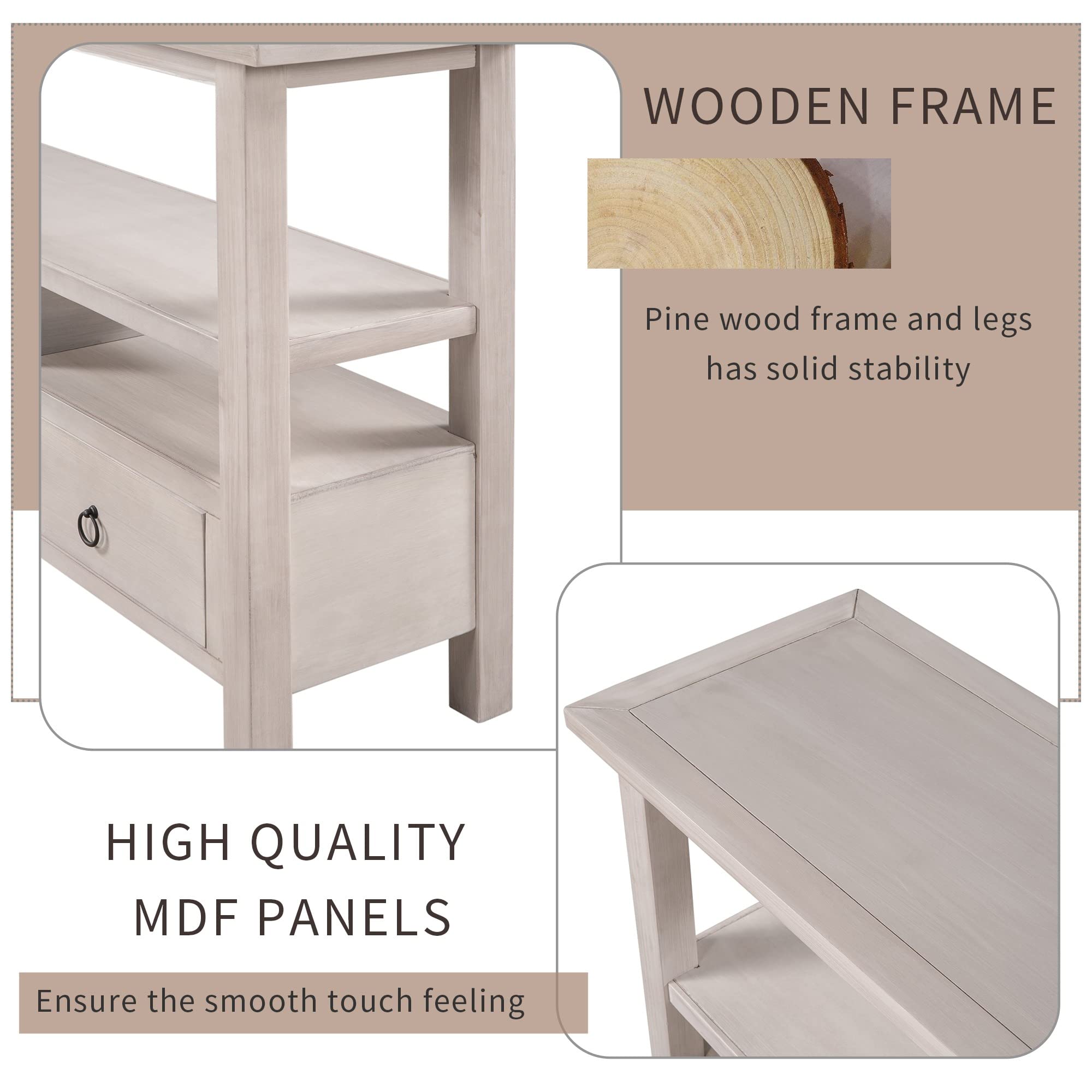 Rustic Solid Wood Console Table with Double-Tier Tabletop & 3 Drawers - Gray Wash Finish for Living Room Entryway, Hallway & Home Decor