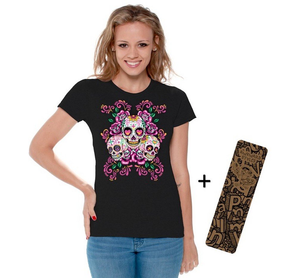 Awkwardstyles Women's Sugar Floral Skulls Graphic T-Shirt | Skeleton Print Tee | Gothic Fashion | Plus Free Bookmark Gift | Perfect for Halloween, Concerts & Alternative Style Outfits