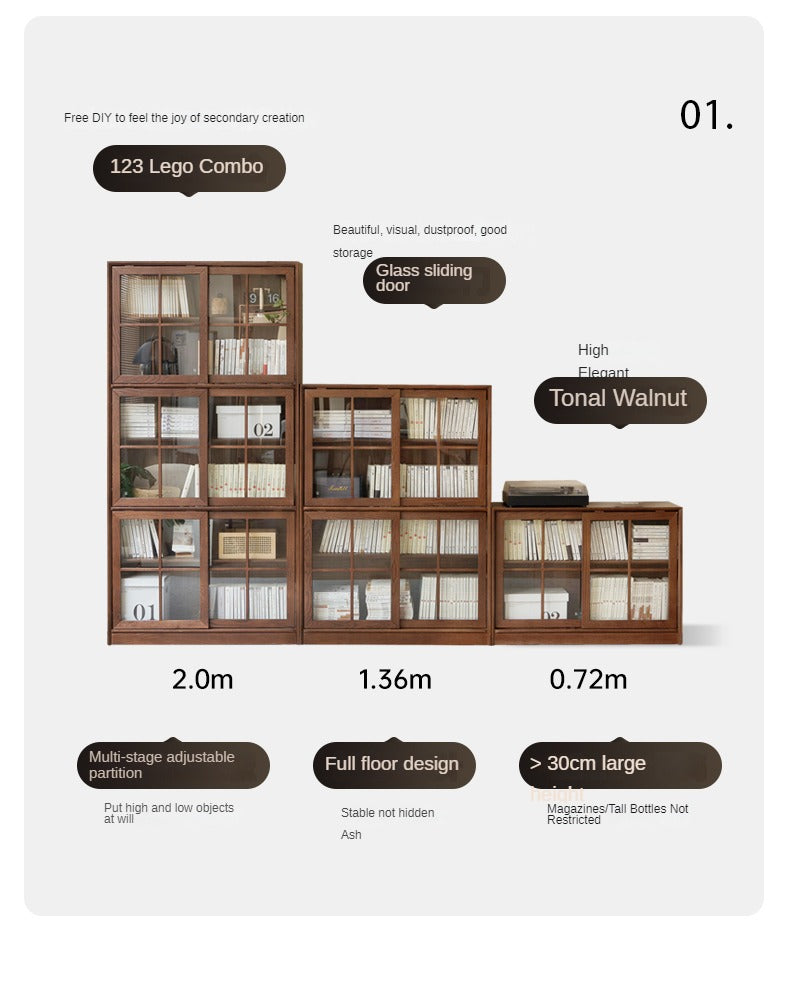 Solid Oak Wood Sliding Door Bookcase - Rustic Bookshelf for Living Room, Bedroom, or Home Office Storage