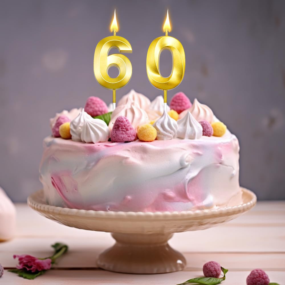 60th Birthday Number Candles - Gold Cake Topper Decoration for Birthday Party, Wedding & Anniversary Celebrations | Elegant Number Candles for Cakes, Cupcakes & Desserts