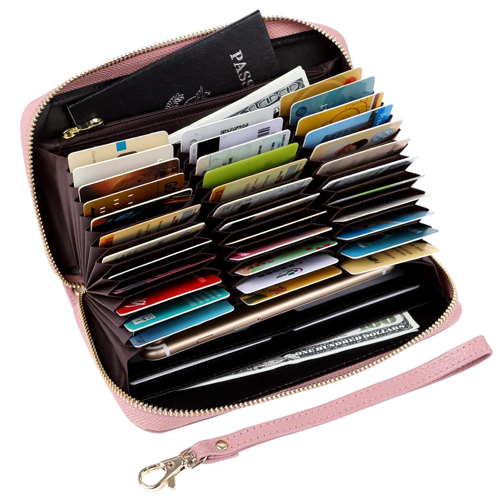 Women's RFID Blocking 36-Slot Leather Zipper Wristlet Wallet - Secure Card Holder for Travel, Shopping & Everyday Use