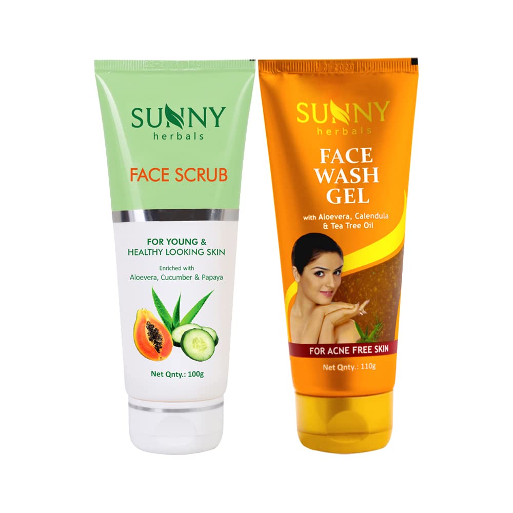 Sunny Face Scrub (100g) & Tea Tree Oil Face Wash (110g) - Deep Pore Cleanser for Acne Prone Skin | Exfoliating Scrub & Facial Cleanser to Remove Dirt, Dead Skin Cells & Unclog Pores | Helps Treat Pimples & Promote Skin Renewal | Perfect for Daily Skincare Routine & Acne Treatment