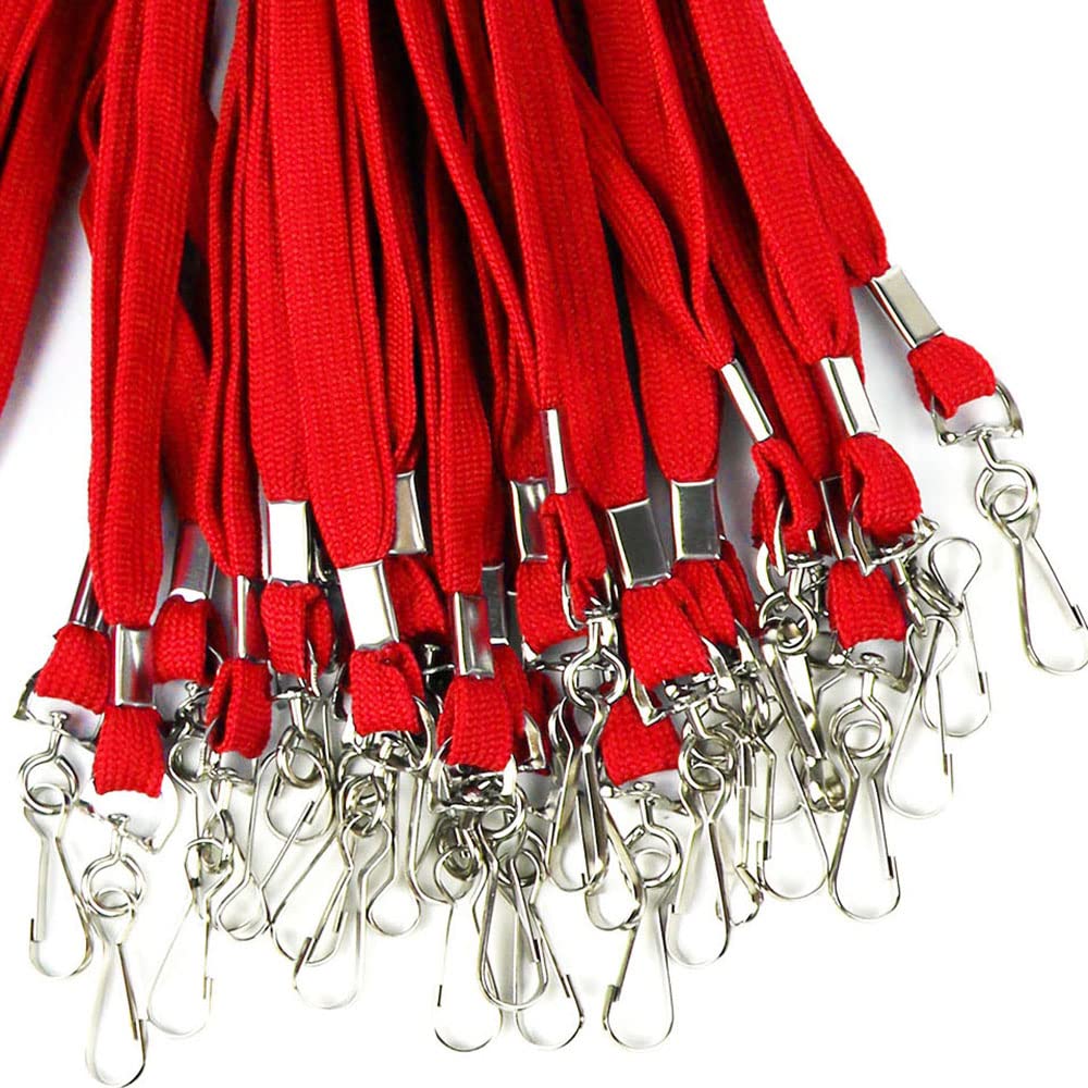 Durable Flat Lanyards with Swivel Hooks - 100 Pack (Red) for ID Badges & Business Cards - Office & School Use