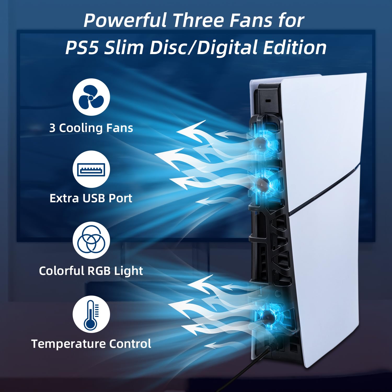 RGB Cooling Fan for PS5 Slim - 3 Fast Cooling Fans with Intelligent Temperature Control, Compatible with PS5 Slim DE/UHD (Not for PS5/PS5 Pro) - Perfect for Gaming Sessions and Overheating Prevention