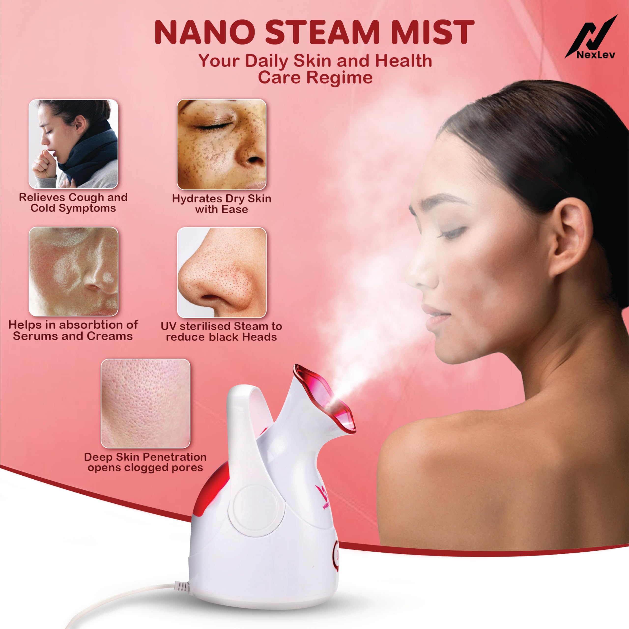 NexLev Steamer for Cold & Cough Relief - Nano Ionic Facial Steam Inhaler & Aromatherapy Vaporizer with UV Sterilization | 30-Second Fast Heating, Burn & Spill Protection | Perfect for Sinus Relief, Dry Skin Care, and Essential Oil Diffusion | Model FS-01
